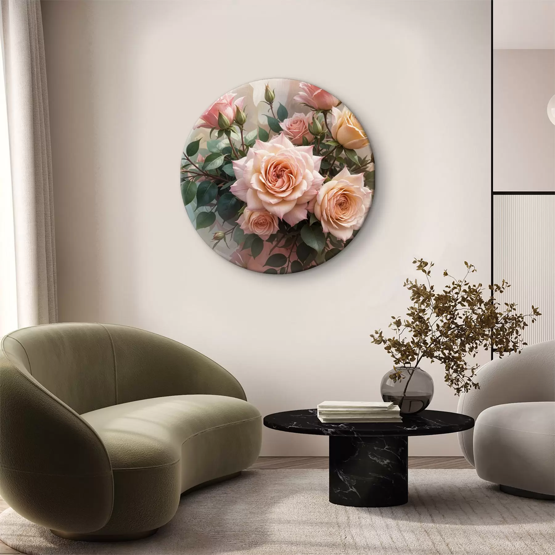 Fototapete Ein Strauß wunderschöner rosa Rosen mit grünen Blättern vor einem weichen, unscharfen Hintergrund r40168