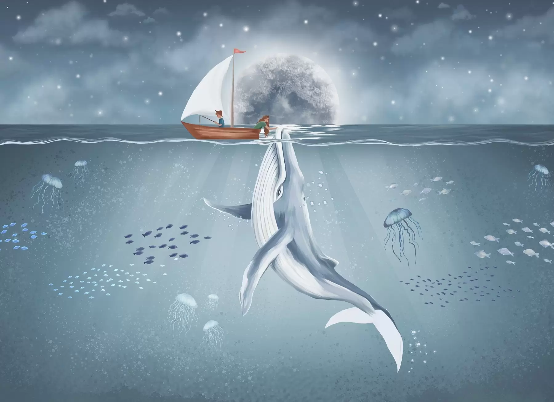 Fototapete Kinderdesign mit Wal, Mond und Boot mit Kindern w02476