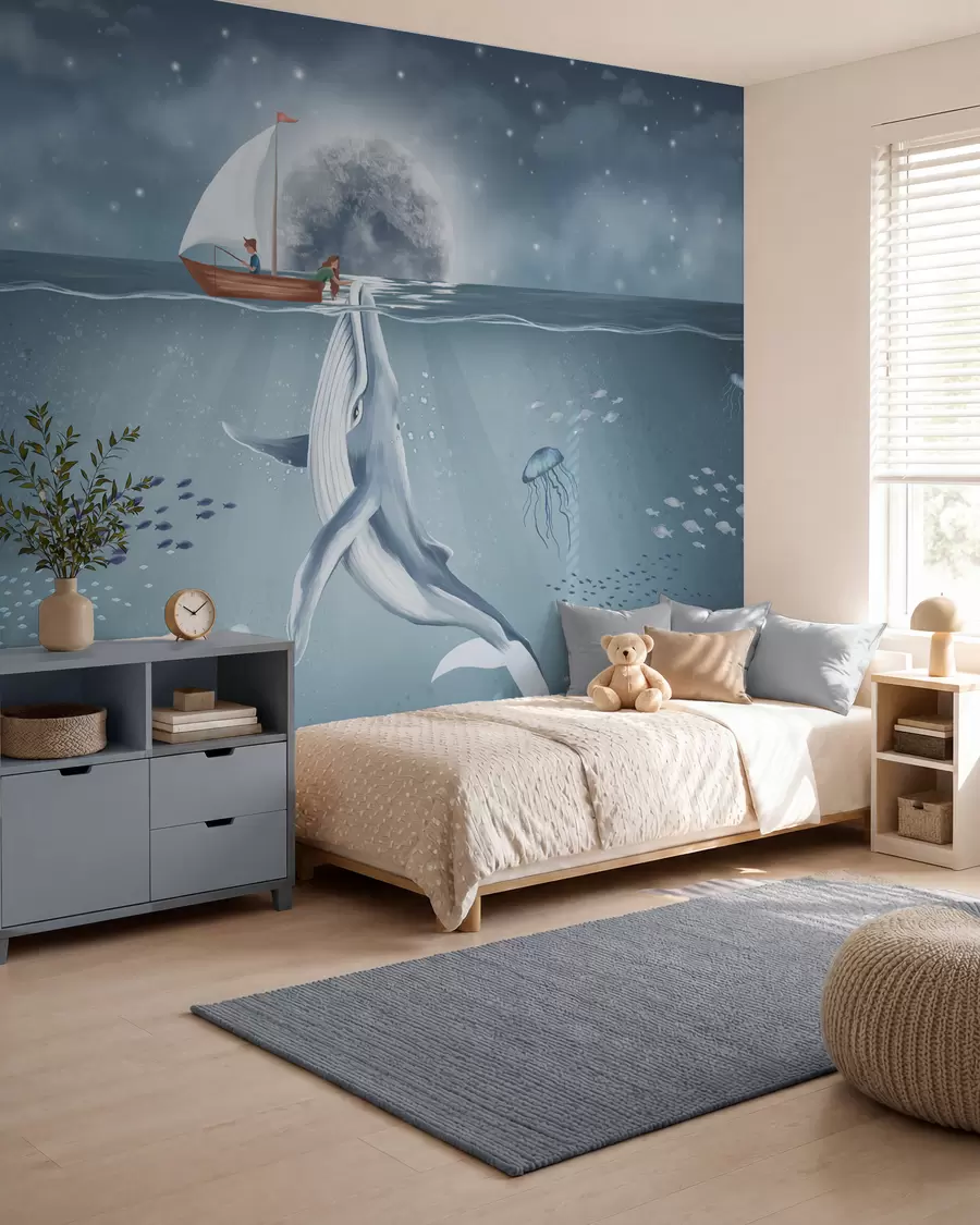 Fototapete Kinderdesign mit Wal, Mond und Boot mit Kindern w02476