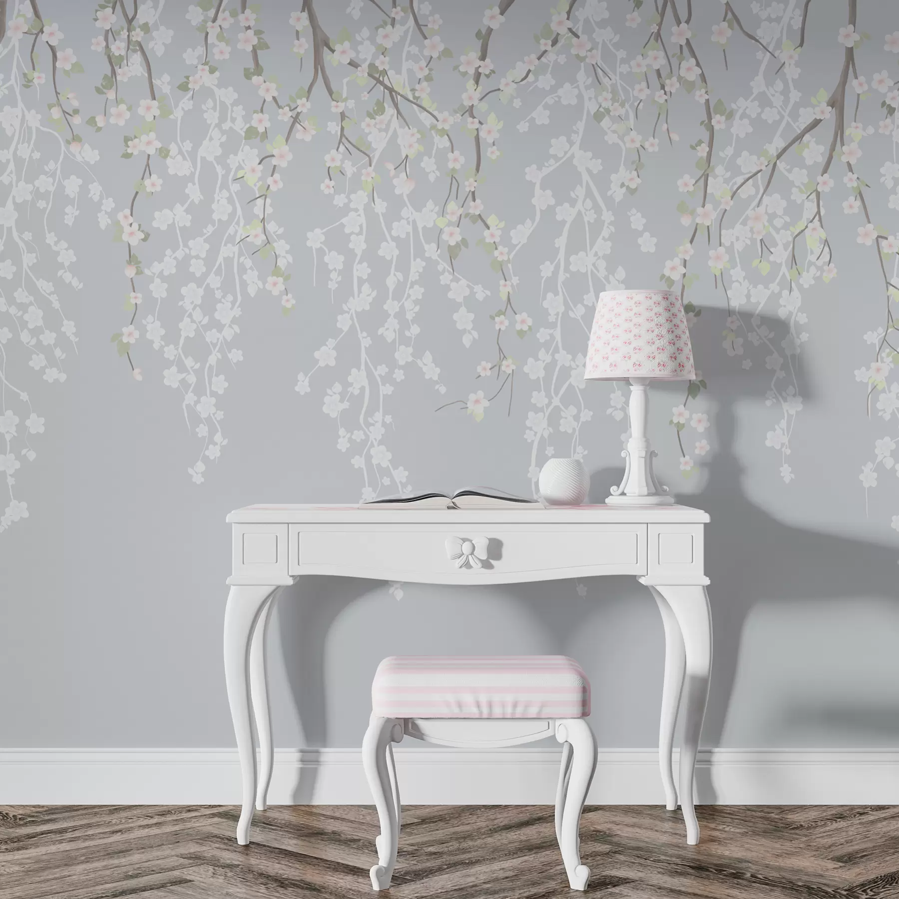 Fototapete Fallende zarte Zweige mit Blumen auf einem blauen Hintergrund w02479