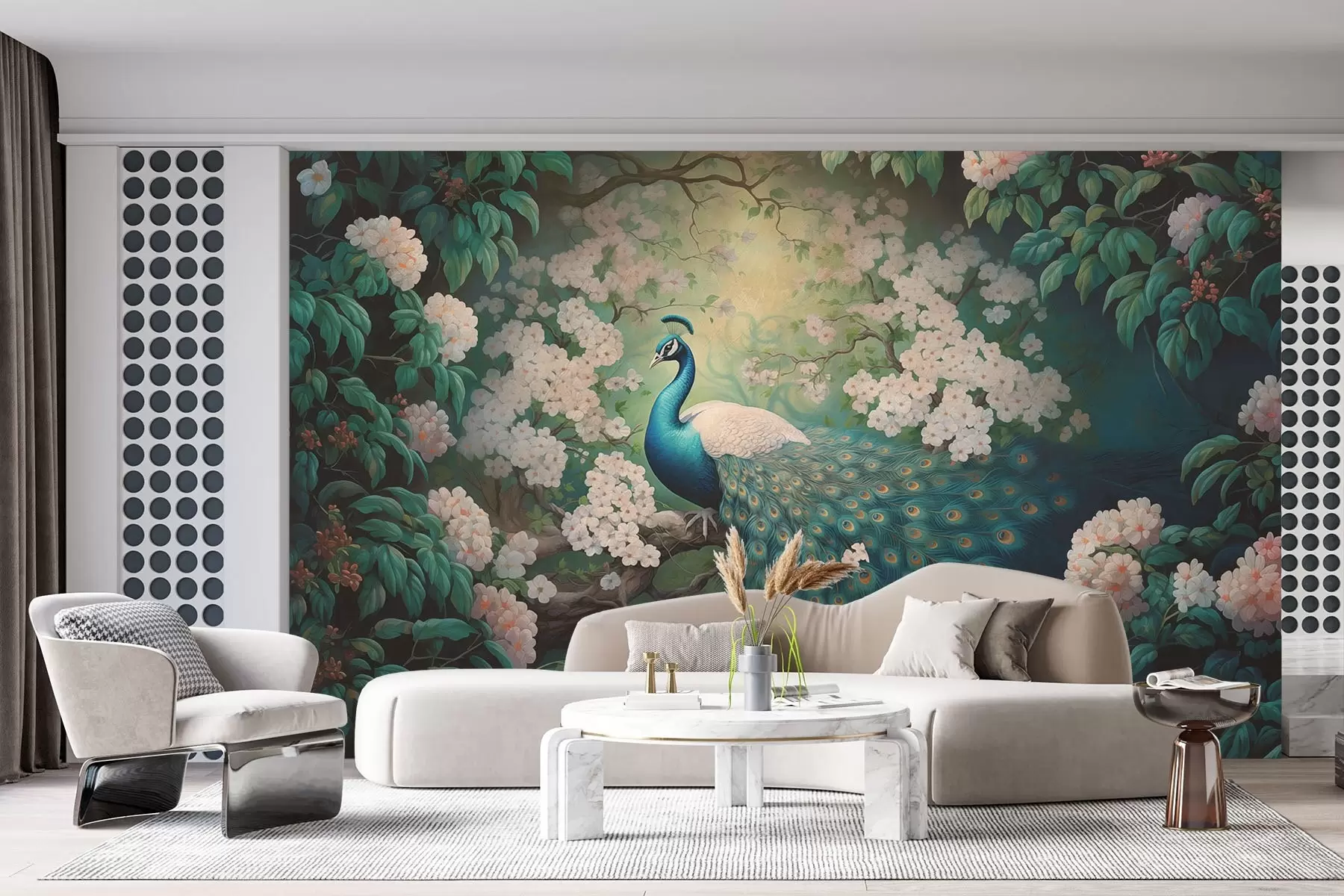 Fototapete Schöner Pfau auf Zweigen zwischen kleinen Blumen w08475