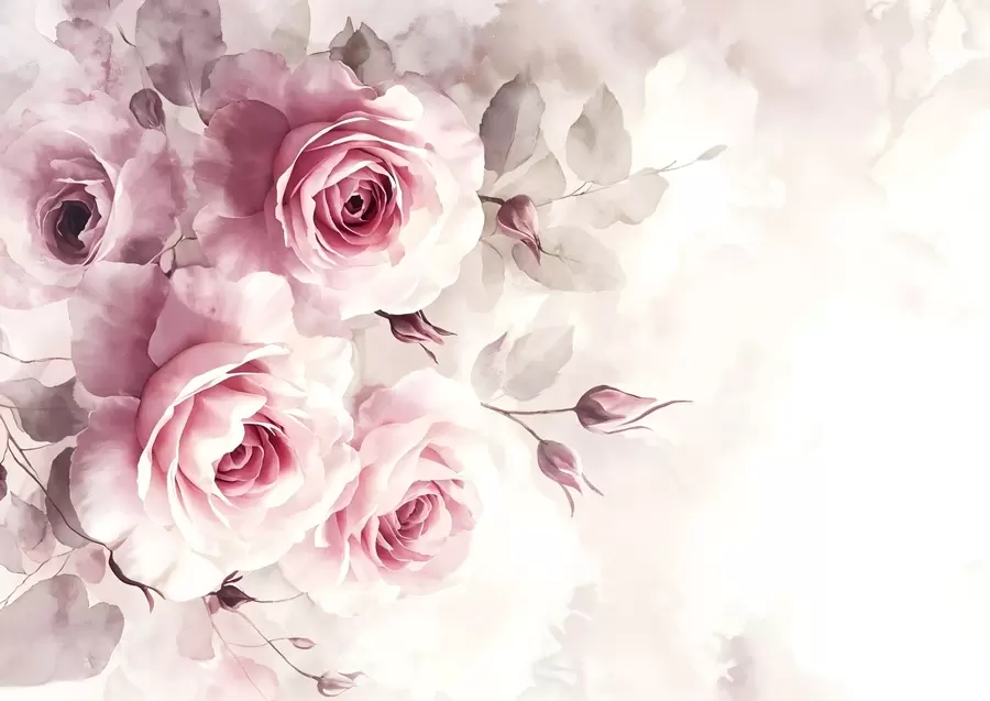 Fototapete Zarte pastellrosa Rosen und Blätter mit weichem, verschwommenem Aquarellimitationshintergrund w08459