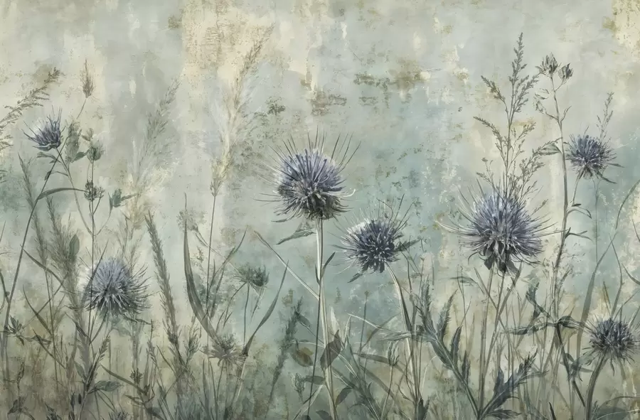 Fototapete Ein Feld von lila Distel Blumen mit verschwommenen Blumen und Laub in der Vintage-Struktur Hintergrund w08463