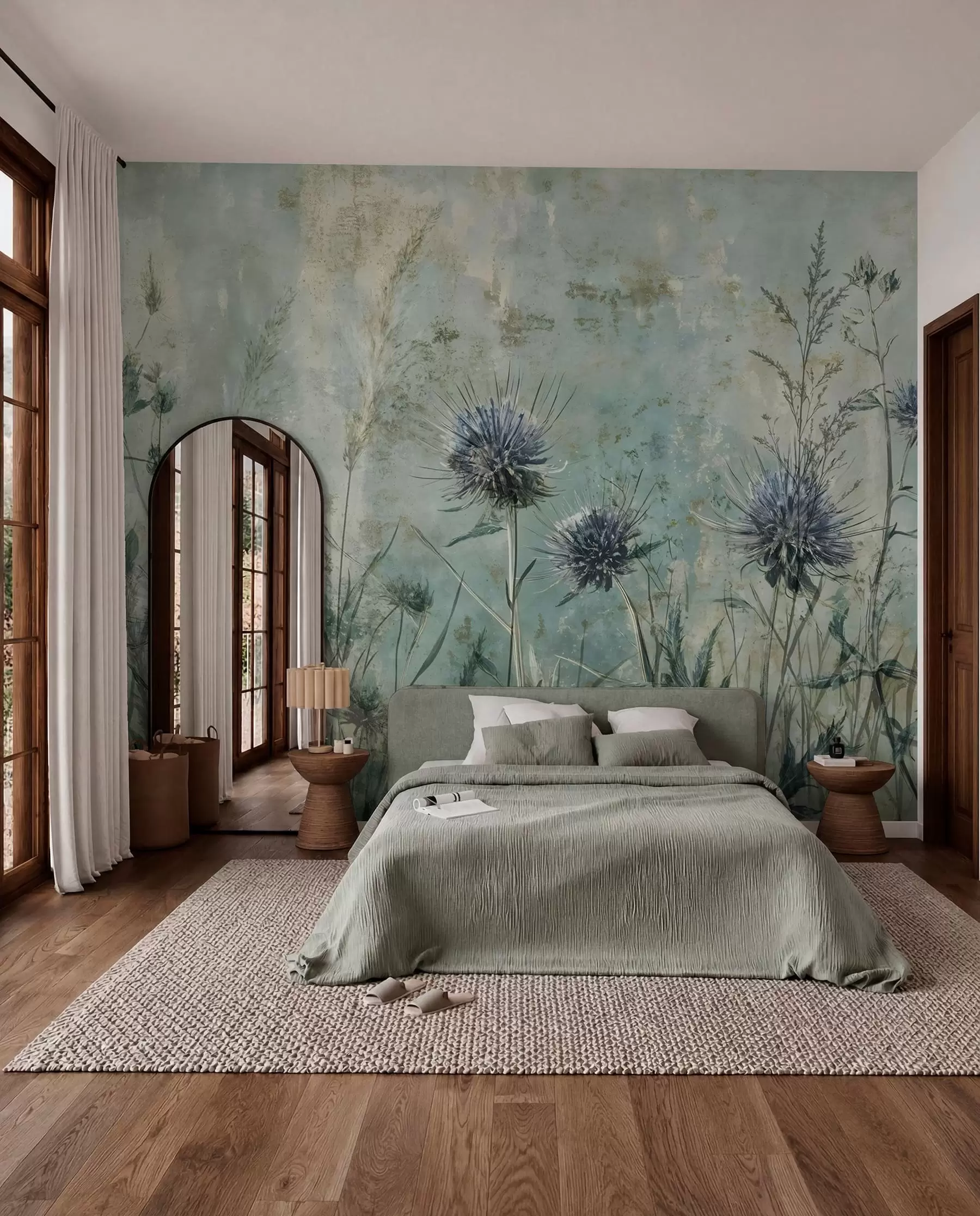 Fototapete Ein Feld von lila Distel Blumen mit verschwommenen Blumen und Laub in der Vintage-Struktur Hintergrund w08463