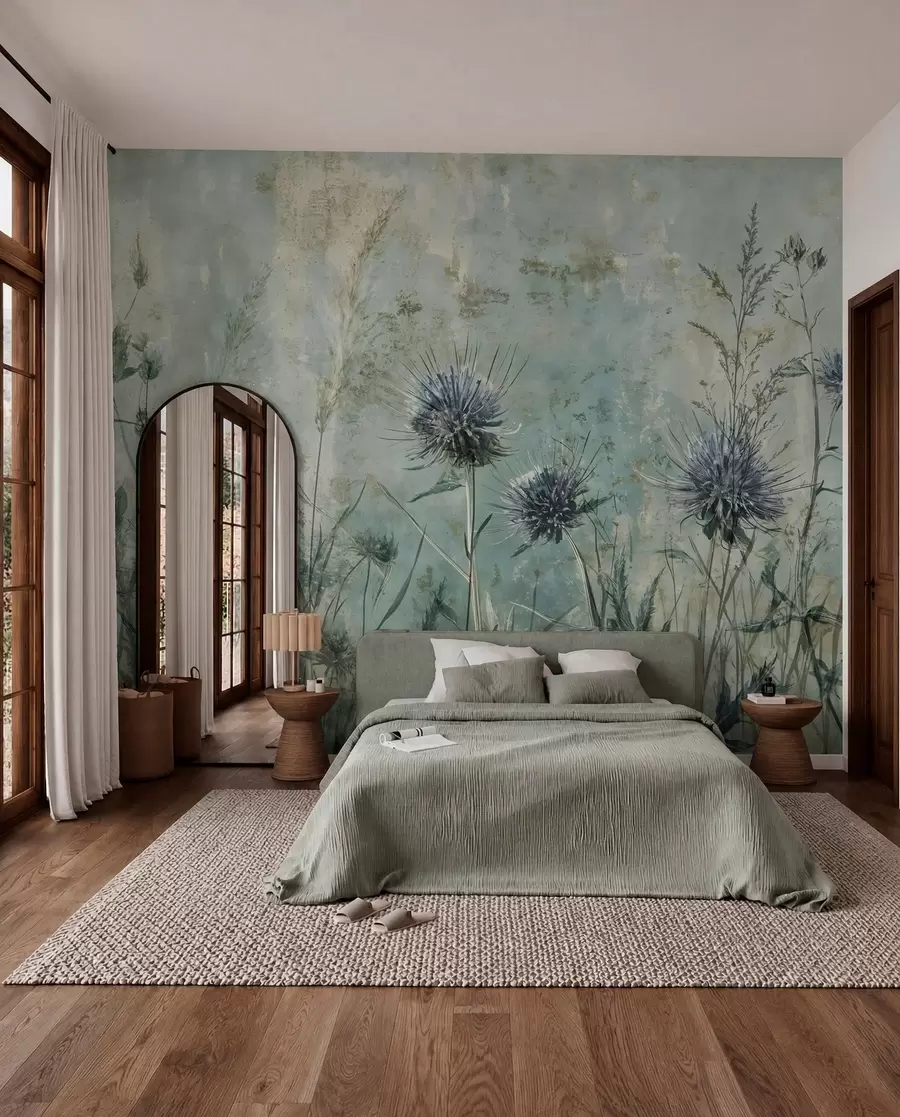 Fototapete Ein Feld von lila Distel Blumen mit verschwommenen Blumen und Laub in der Vintage-Struktur Hintergrund w08463