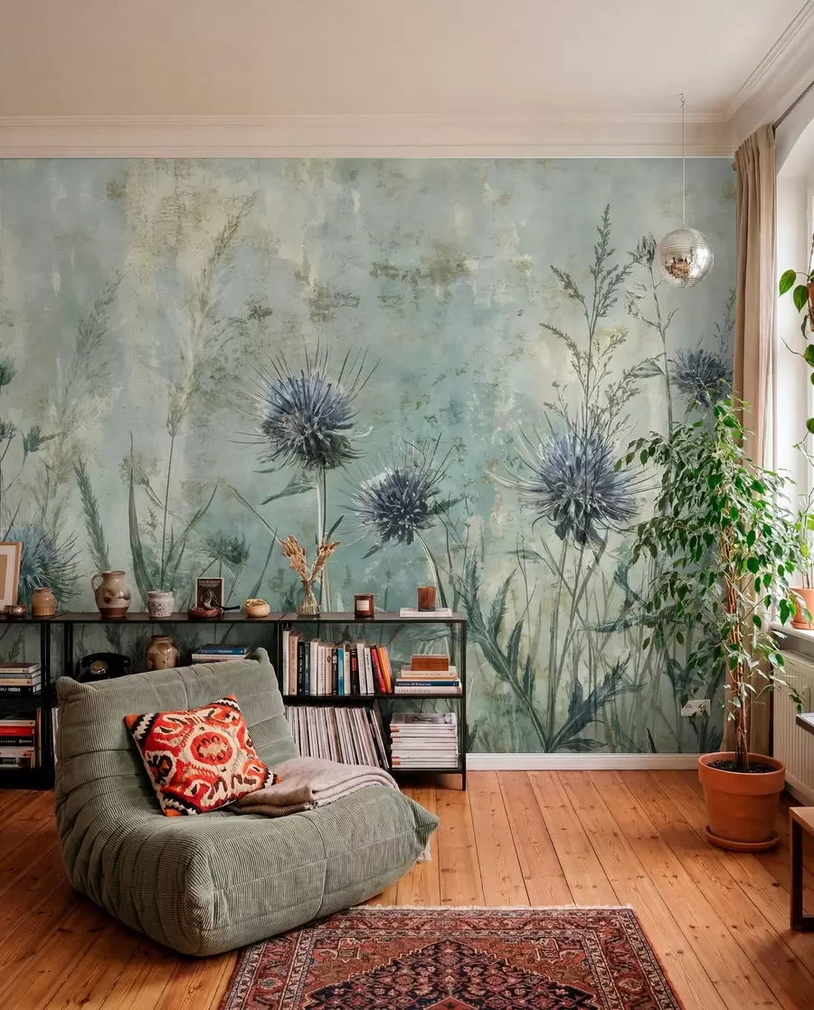 Fototapete Ein Feld von lila Distel Blumen mit verschwommenen Blumen und Laub in der Vintage-Struktur Hintergrund w08463