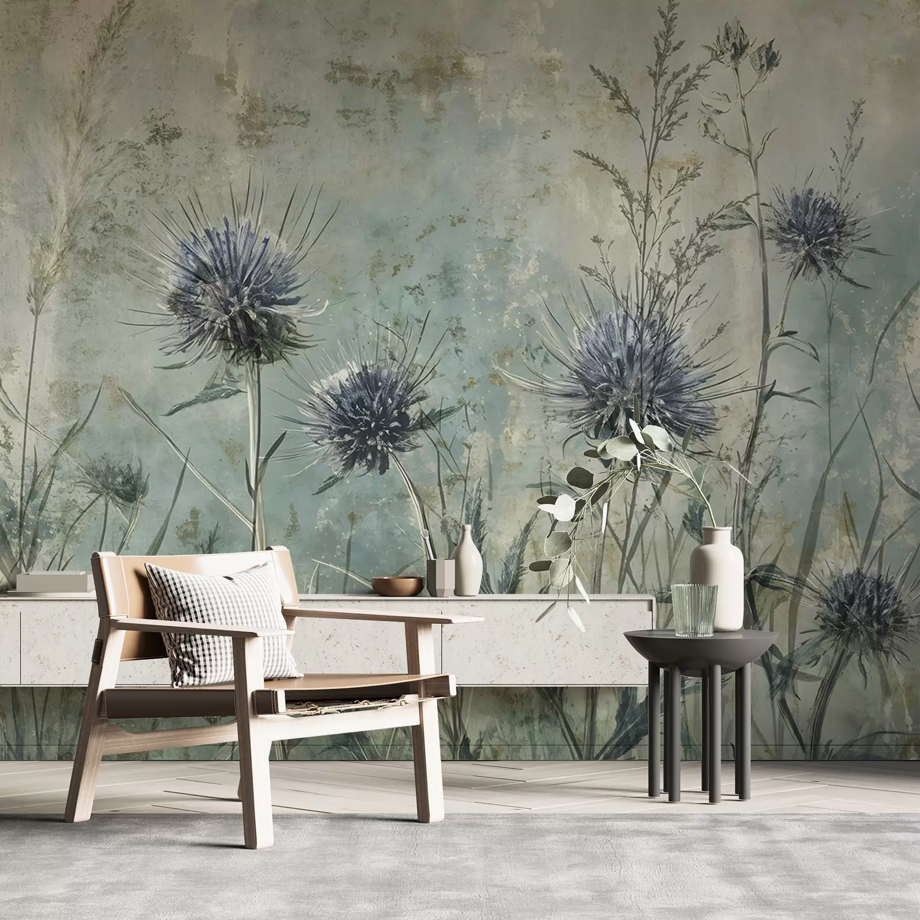 Fototapete Ein Feld von lila Distel Blumen mit verschwommenen Blumen und Laub in der Vintage-Struktur Hintergrund w08463