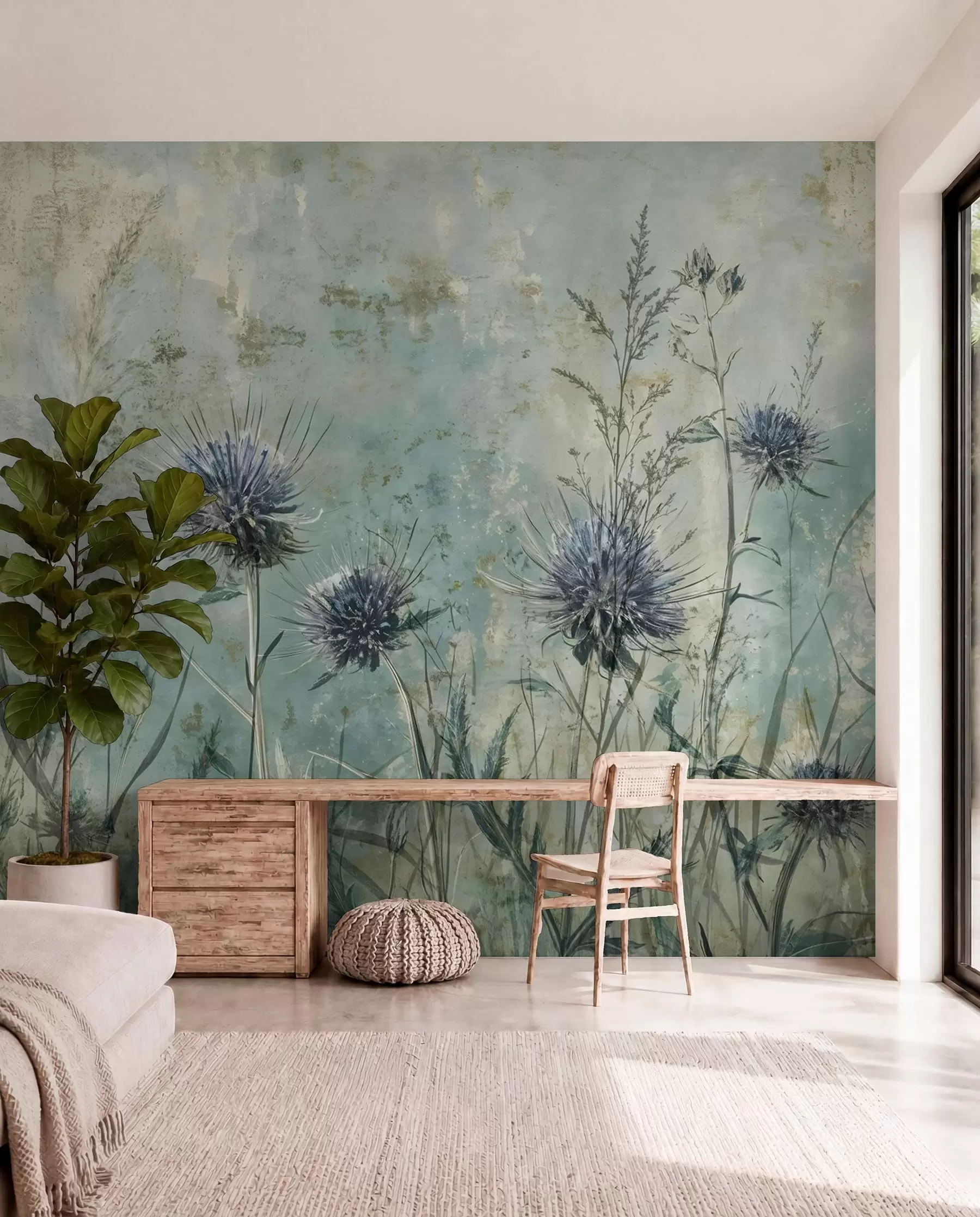 Fototapete Ein Feld von lila Distel Blumen mit verschwommenen Blumen und Laub in der Vintage-Struktur Hintergrund w08463
