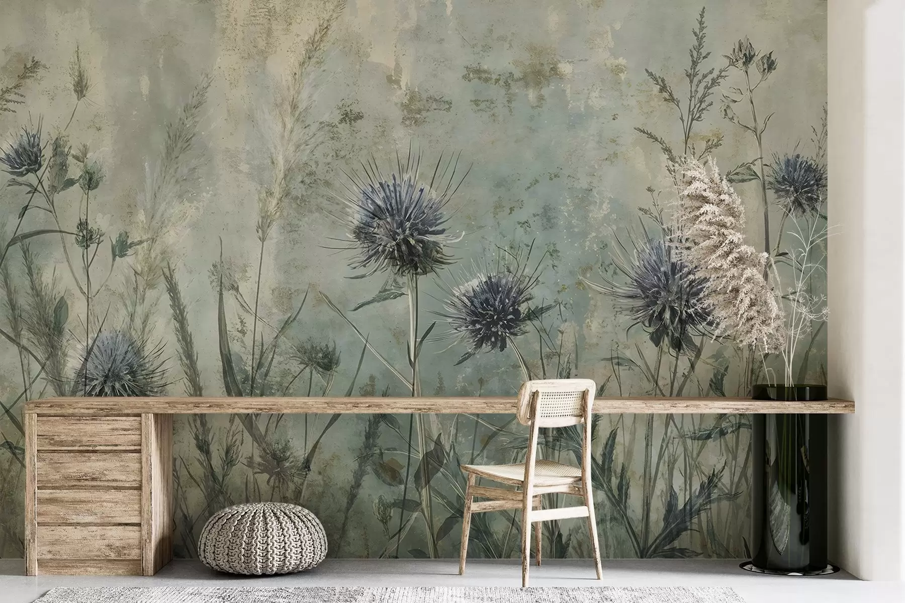 Fototapete Ein Feld von lila Distel Blumen mit verschwommenen Blumen und Laub in der Vintage-Struktur Hintergrund w08463