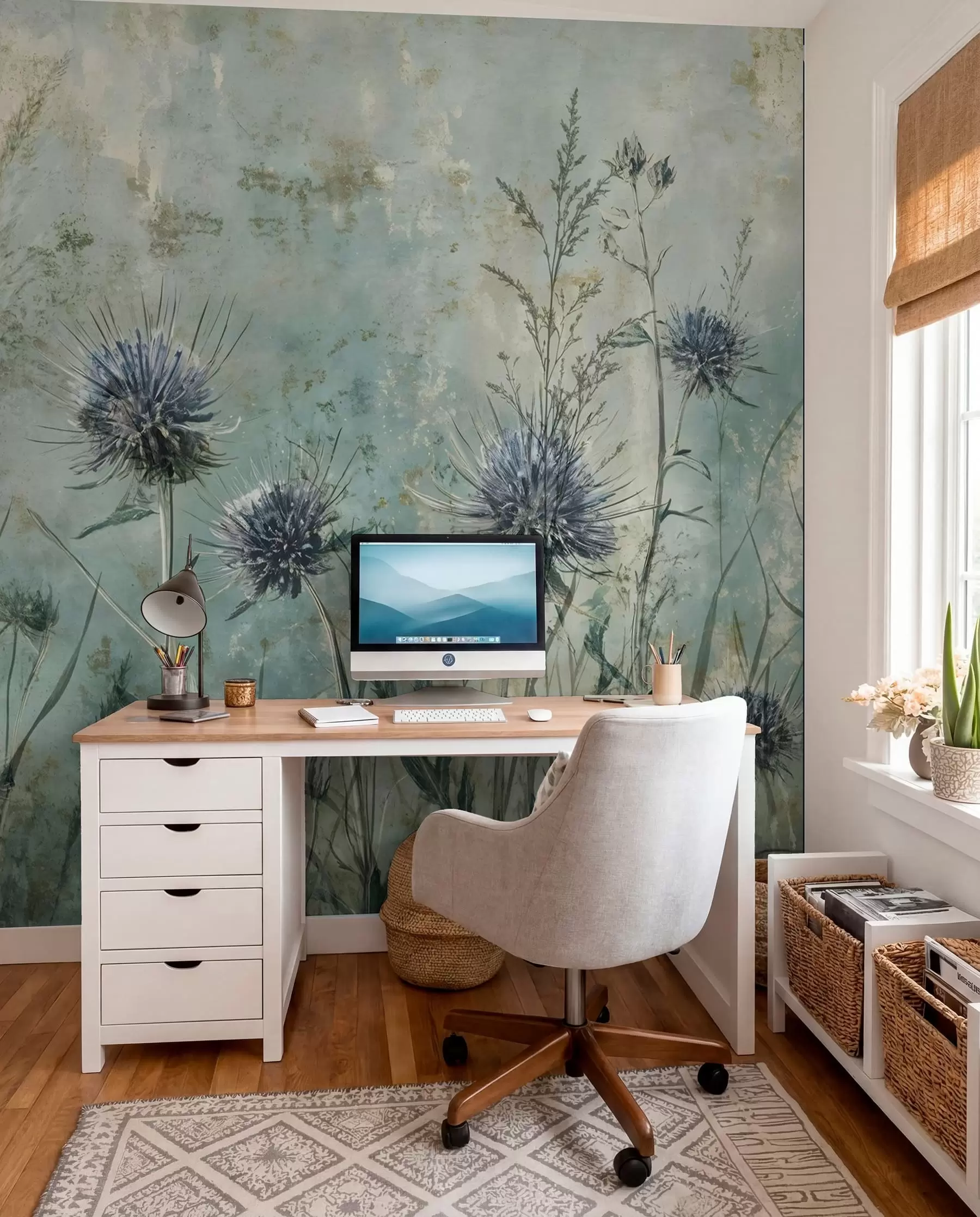 Fototapete Ein Feld von lila Distel Blumen mit verschwommenen Blumen und Laub in der Vintage-Struktur Hintergrund w08463