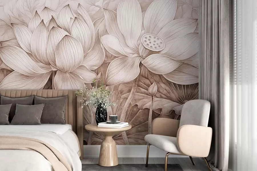 Fototapete Mehrere detailliert strukturierte große beigefarbene Lotusblumen mit braunen Blättern und Stängeln vor hellem Hintergrund w08465v1