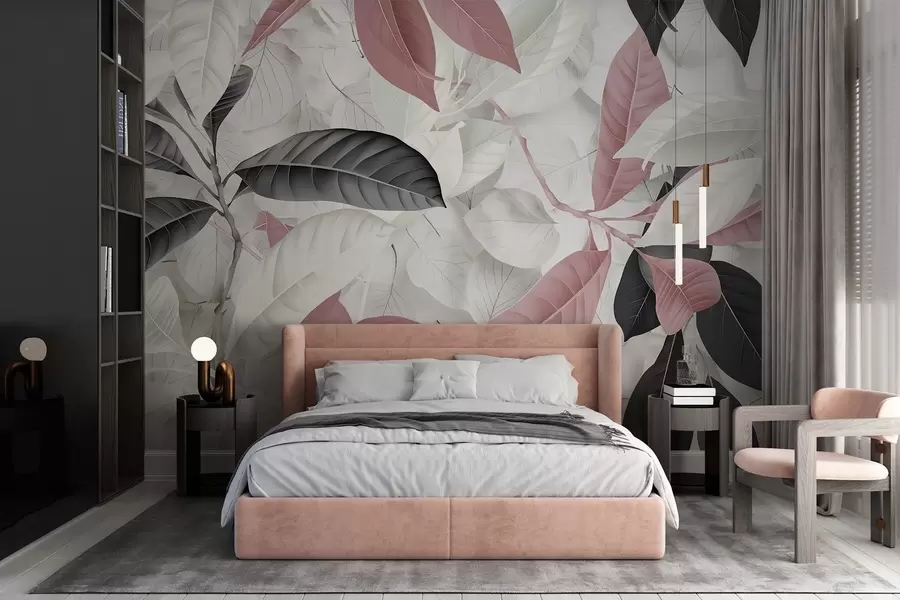 Fototapete Großer Druck von rosafarbenen und grauen Blättern vor einem hellen, strukturierten Hintergrund, der ein üppiges tropisches Gefühl vermittelt w08468