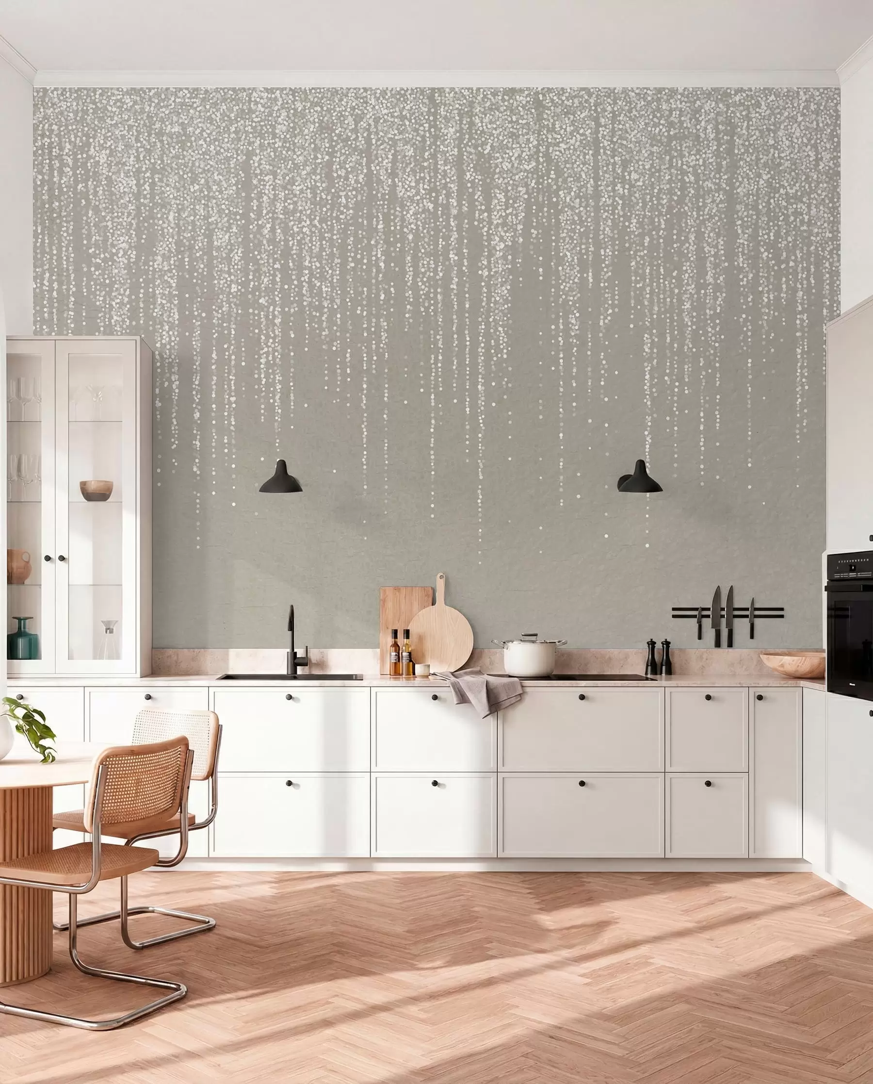 Fototapete Ein vertikaler, eleganter Druck einer gepunkteten Girlande auf einem beigefarbenen, strukturierten Hintergrund, der ein Gefühl von Tiefe und Bewegung vermittelt w08470