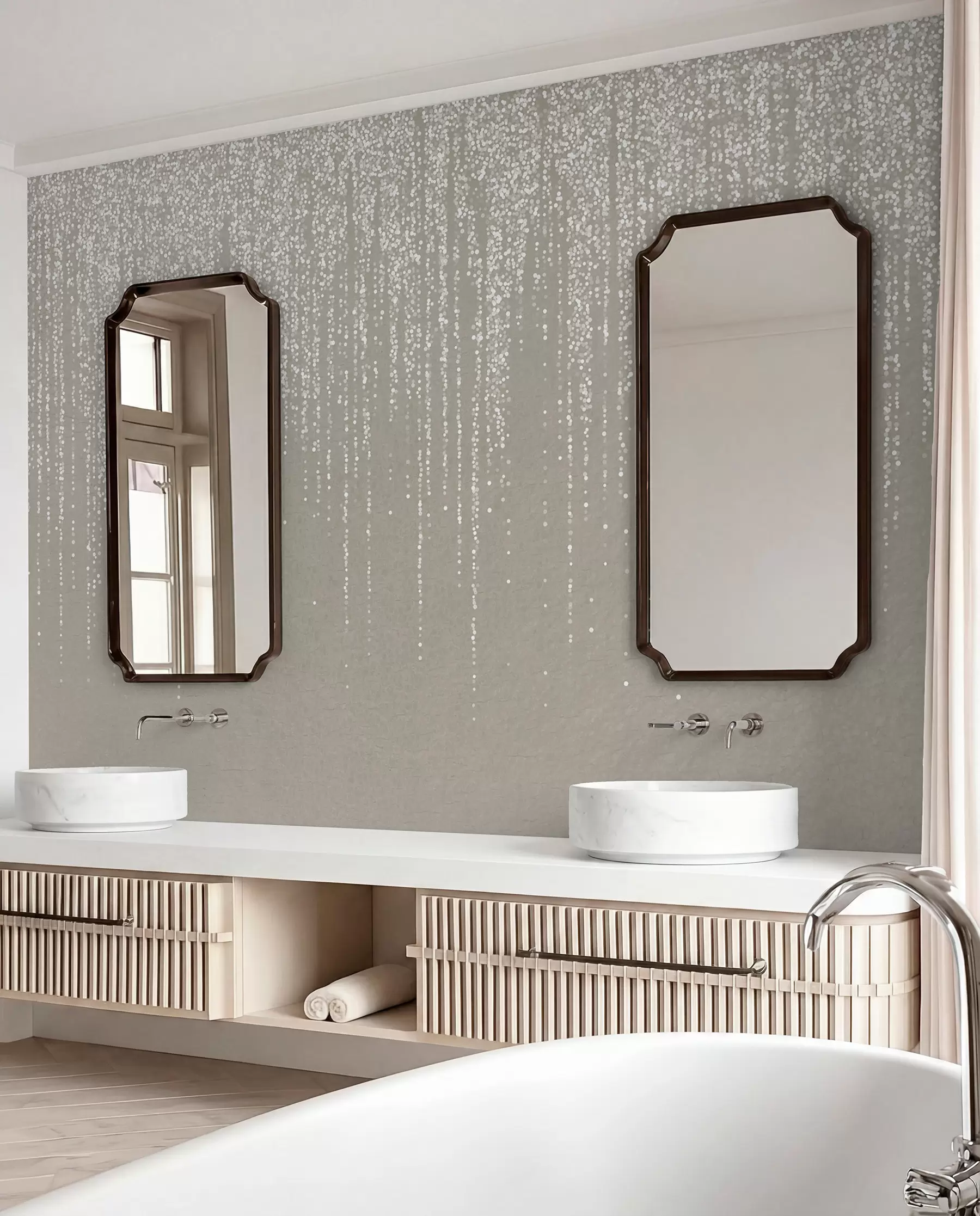 Fototapete Ein vertikaler, eleganter Druck einer gepunkteten Girlande auf einem beigefarbenen, strukturierten Hintergrund, der ein Gefühl von Tiefe und Bewegung vermittelt w08470