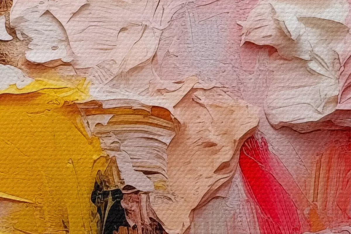 Runde Wandbilder Abstrakter Expressionismus mit großen Pinselstrichen in Rosa, Gelb und Weiß r38916