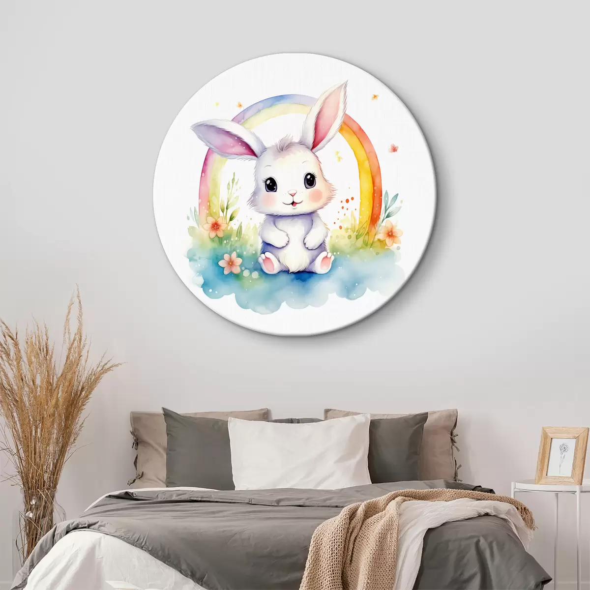 Runde Wandbilder Häschen unter einem skurrilen Regenbogen r38940