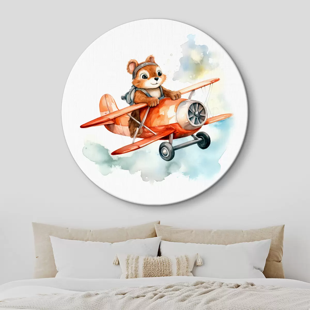 Runde Wandbilder Baby-Eichhörnchen fliegt in einem roten Flugzeug Kinder Illustration Aquarell r39116