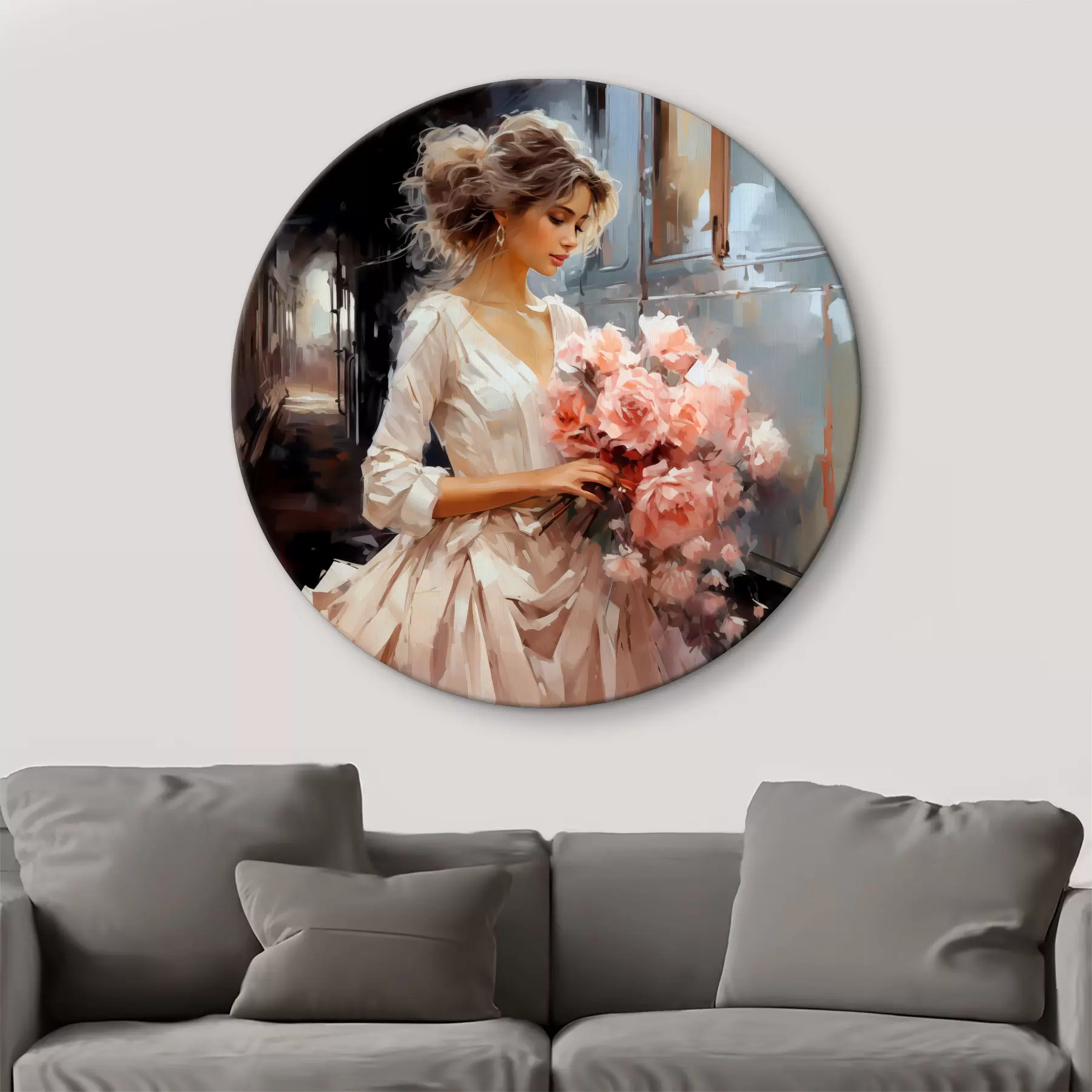 Fototapete Ein Mädchen in einem weißen Kleid am Bahnhof hält einen Strauß rosa Rosen in ihren Händen Ölgemälde r39438