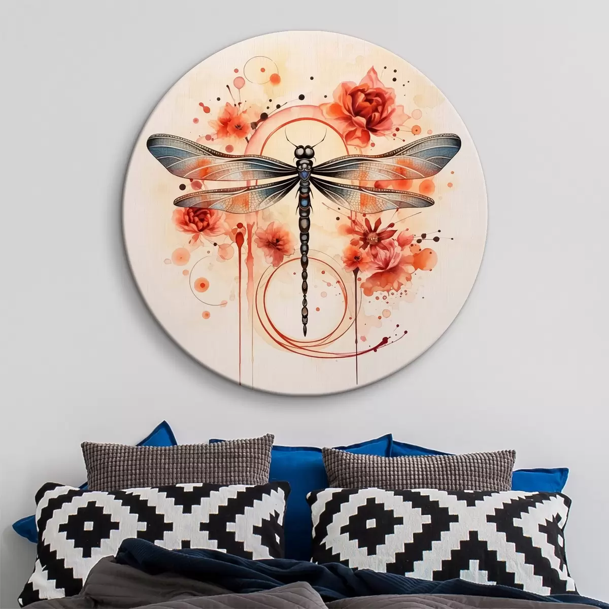 Runde Wandbilder Libelle zwischen roten Blumen Aquarell r39567