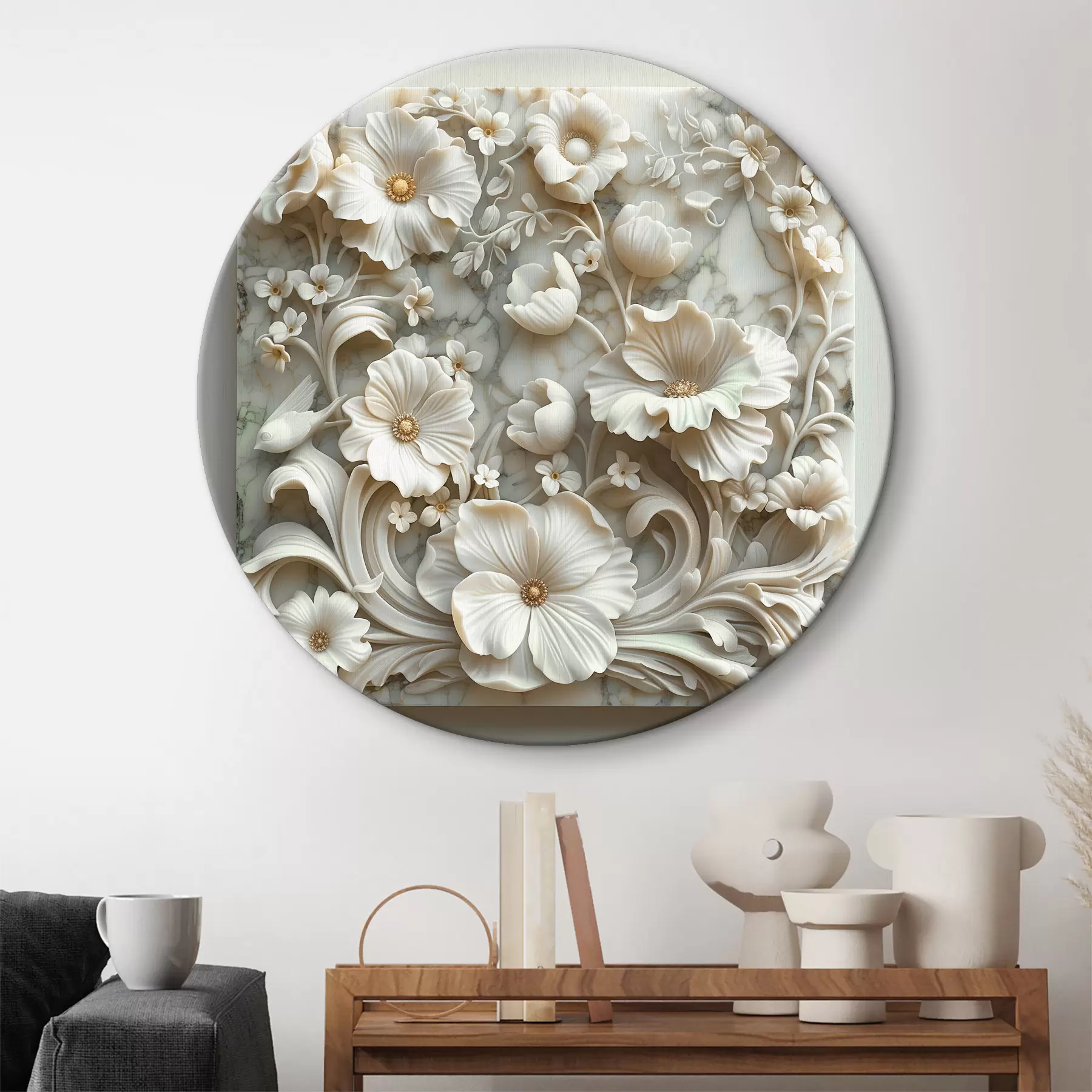 Fototapete Weißer Marmorgarten mit Flachrelief von Vögeln r39729