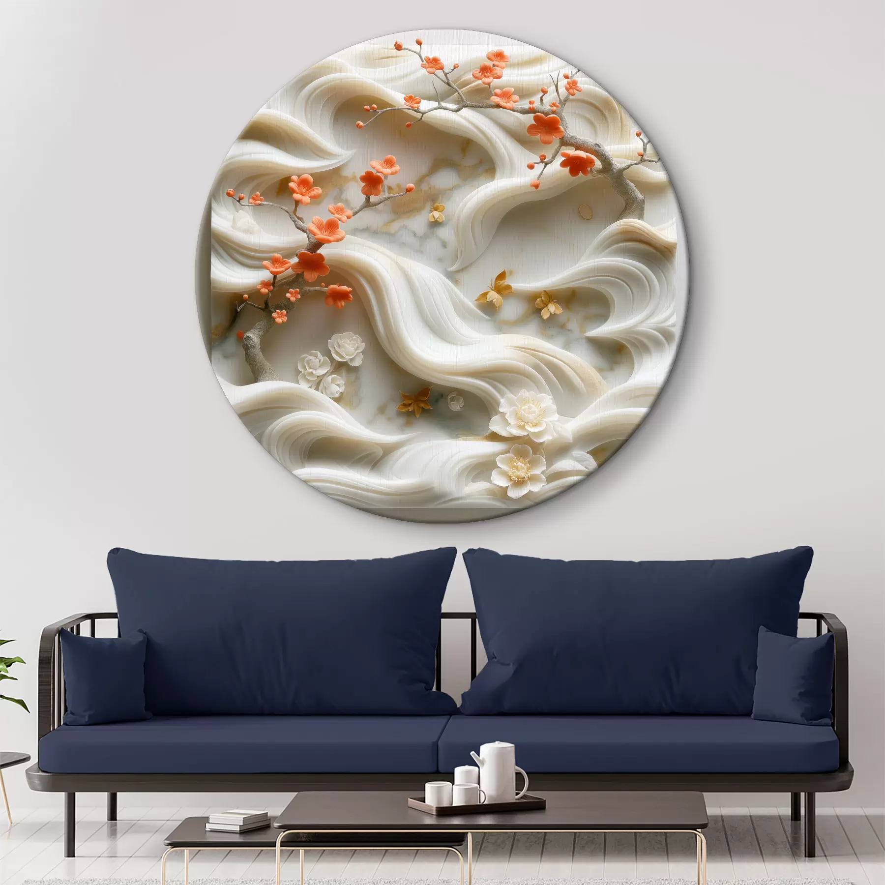 Fototapete Himmlische 3D-Gartenszene aus weißem Marmor als Flachrelief mit fließender Flora und Fauna r39730
