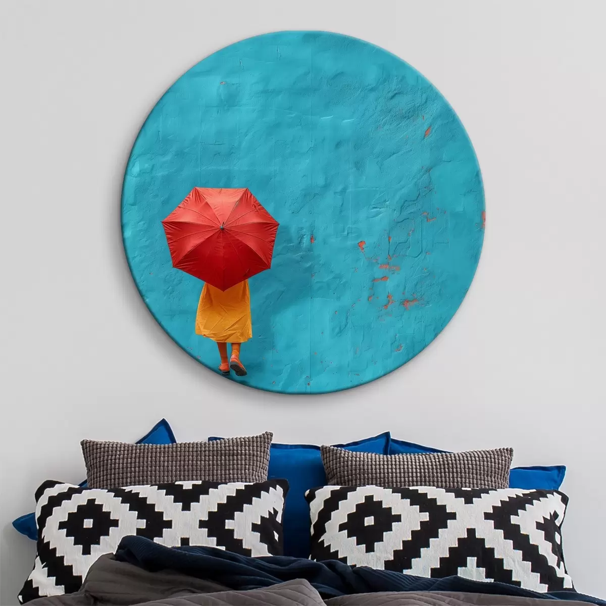 Runde Wandbilder Minimalistisches Bild eines Mädchens in Gelb mit einem Regenschirm neben einer Wand r39731
