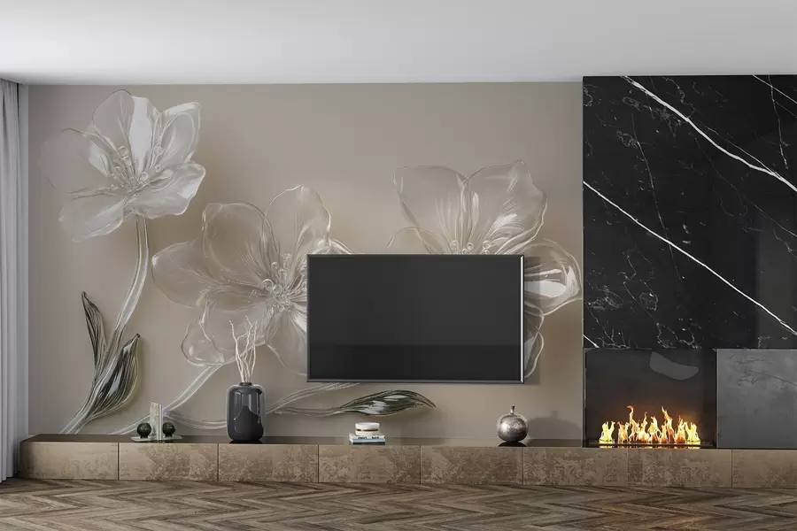 Fototapete große Blumen aus Glasimitat auf beigem Hintergrund w02518