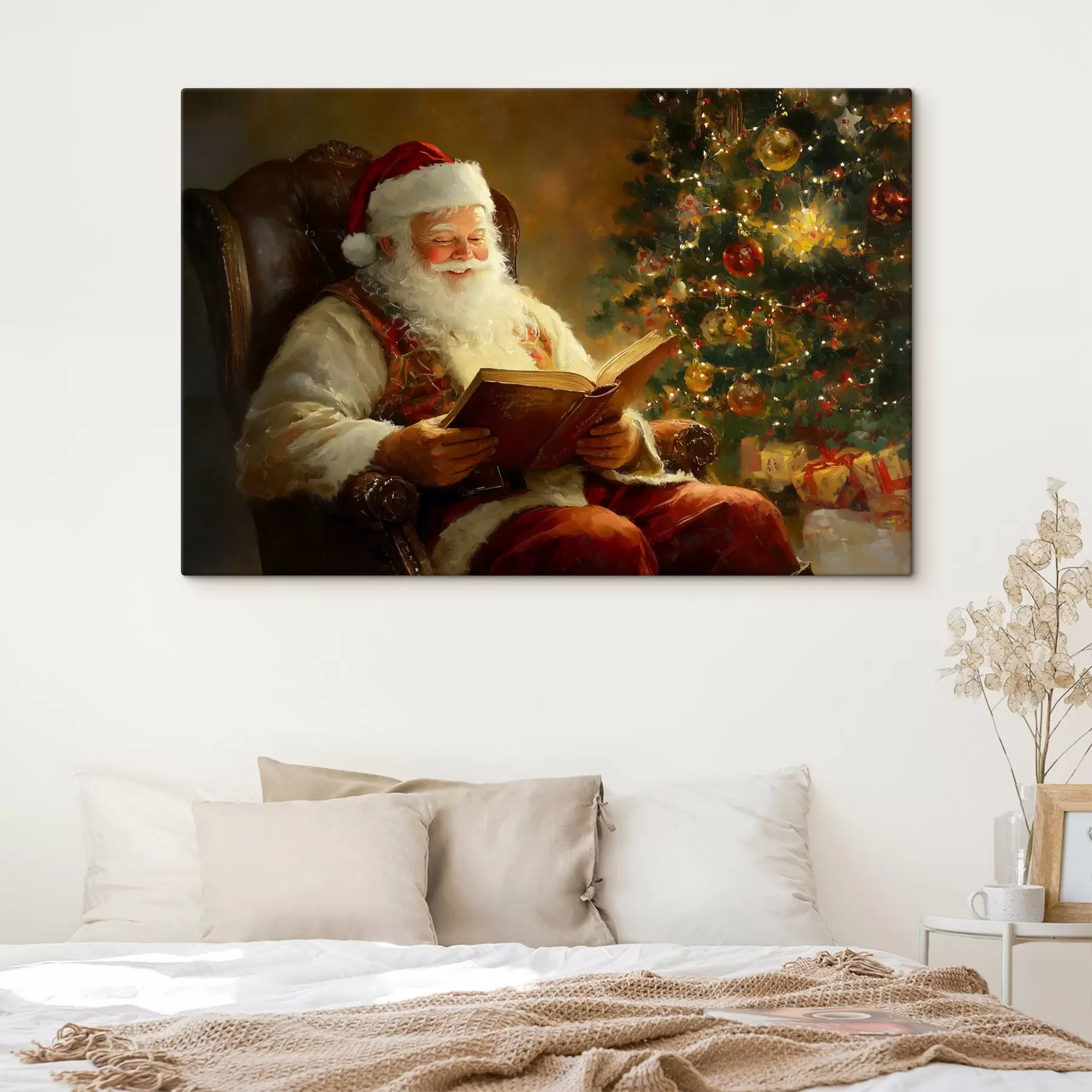 Fototapete Der Weihnachtsmann liest ein Buch in der Nähe des Weihnachtsbaums s42100