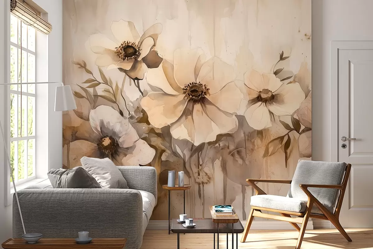 Fototapete Rustikale Blumen, Aquarell-Stil Zeichnung, beige Farben w02487