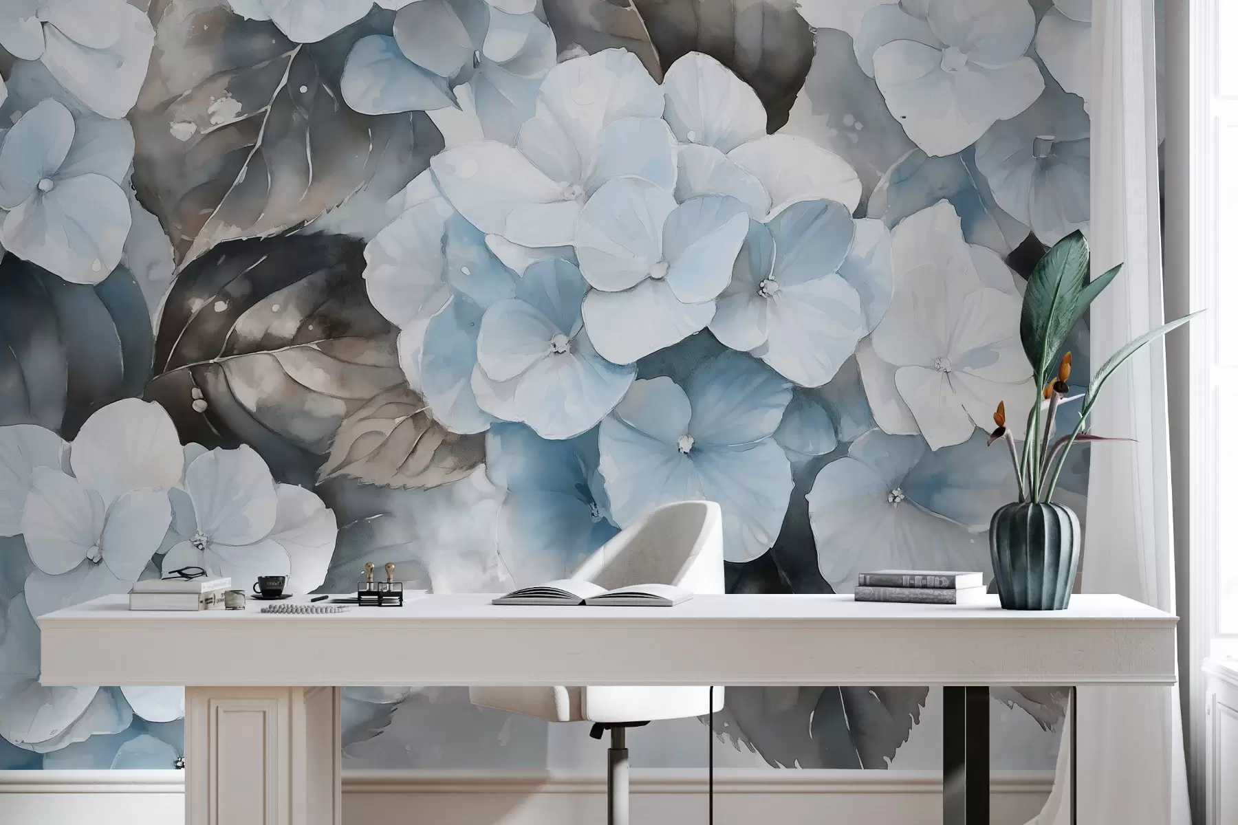 Fototapete Hydrangea Blumen, Aquarell-Stil Zeichnung, blaue Farben, floral w02488v1