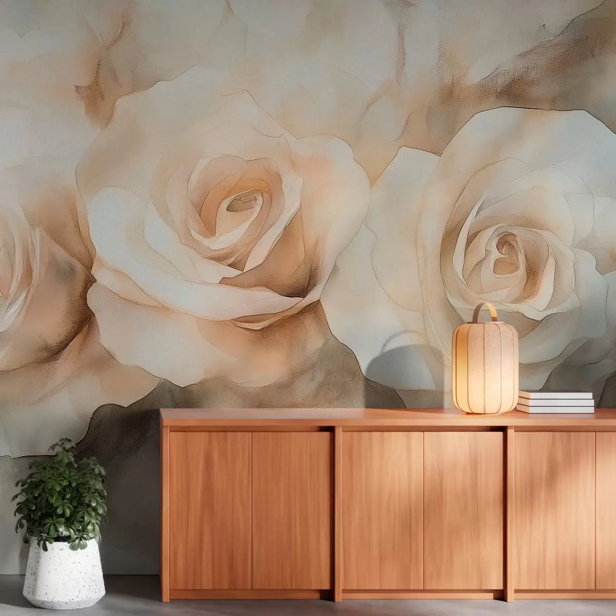 Fototapete Schöne Rosen, Aquarell-Stil, beige Farben, böhmisch w02492