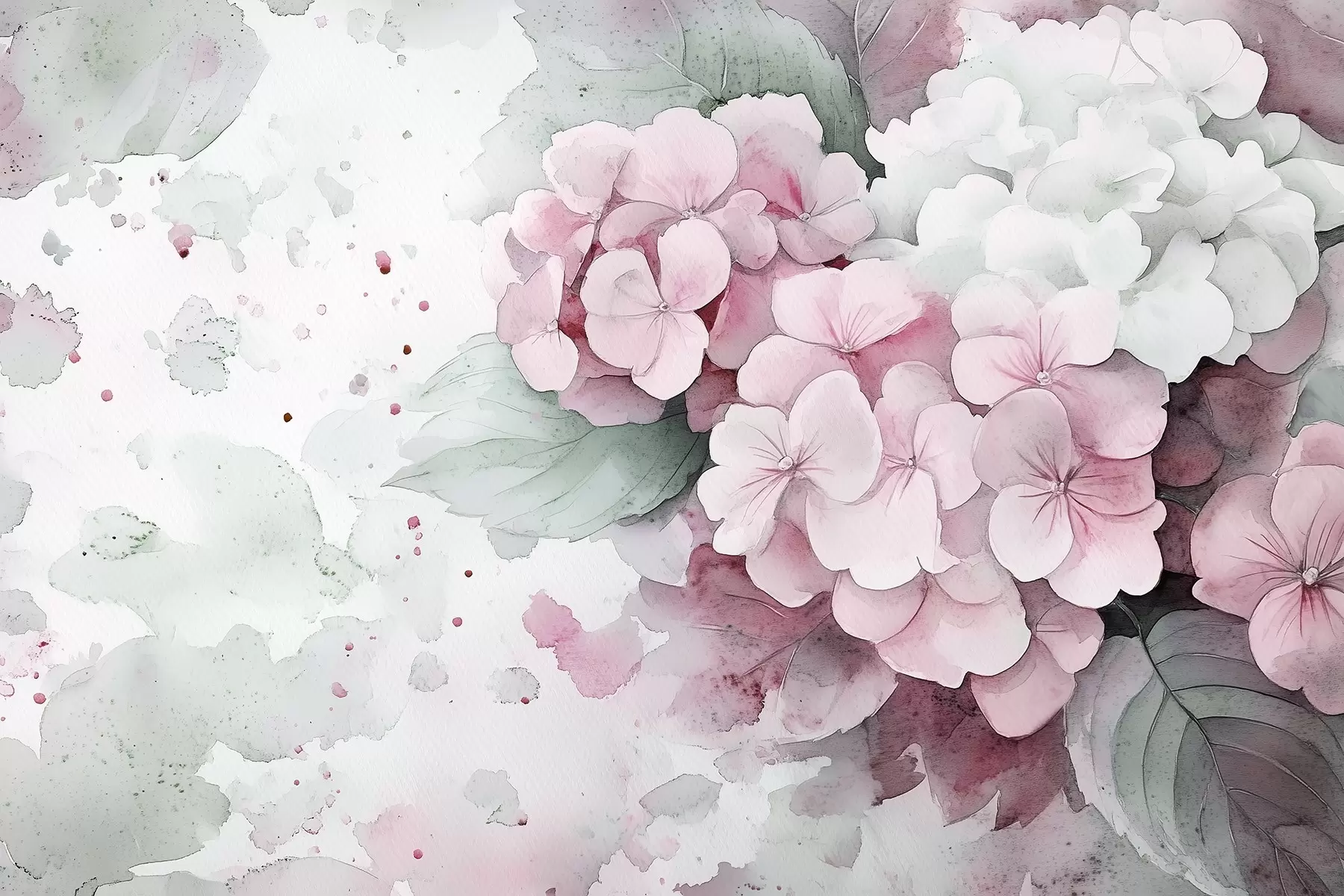Fototapete Aquarell-Stil Zeichnung von Hortensienblüten mit Blättern, weichen rosa und grünen Farben w02493v1