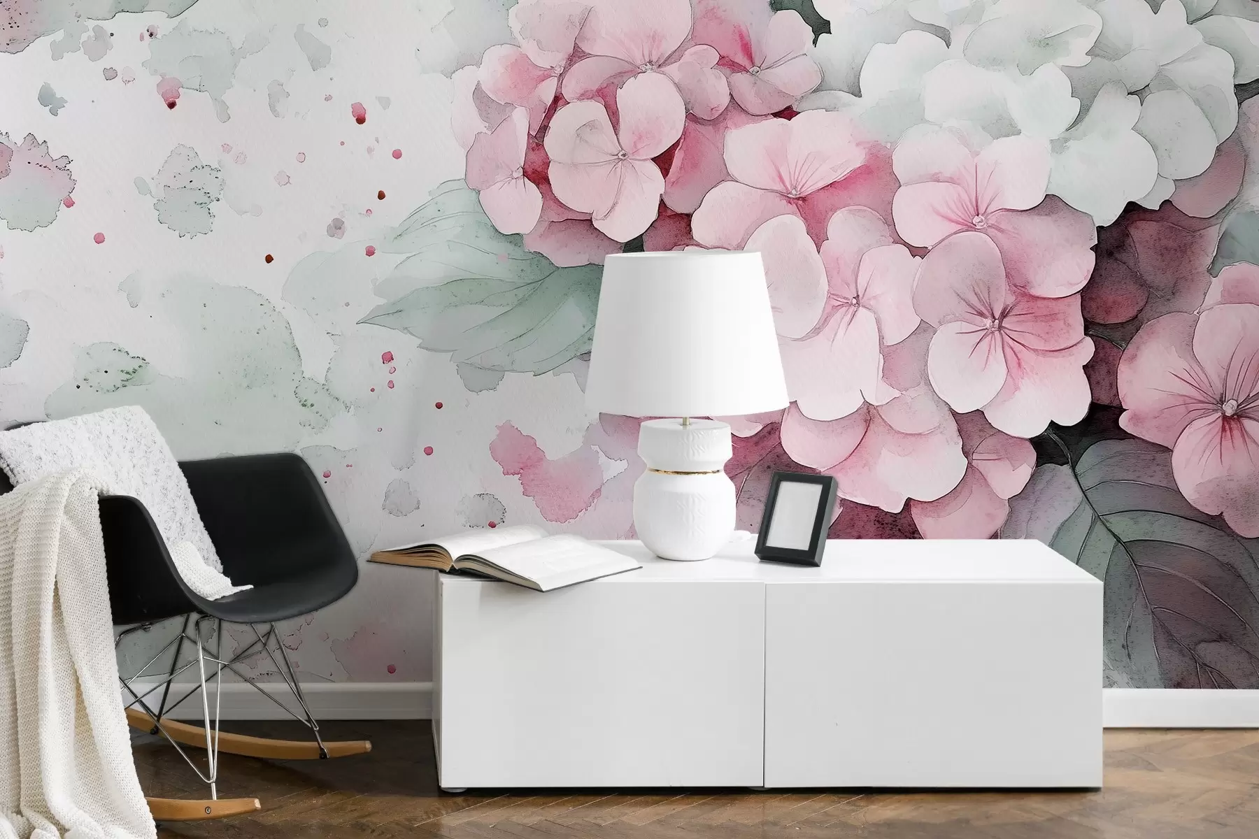 Fototapete Aquarell-Stil Zeichnung von Hortensienblüten mit Blättern, weichen rosa und grünen Farben w02493v1
