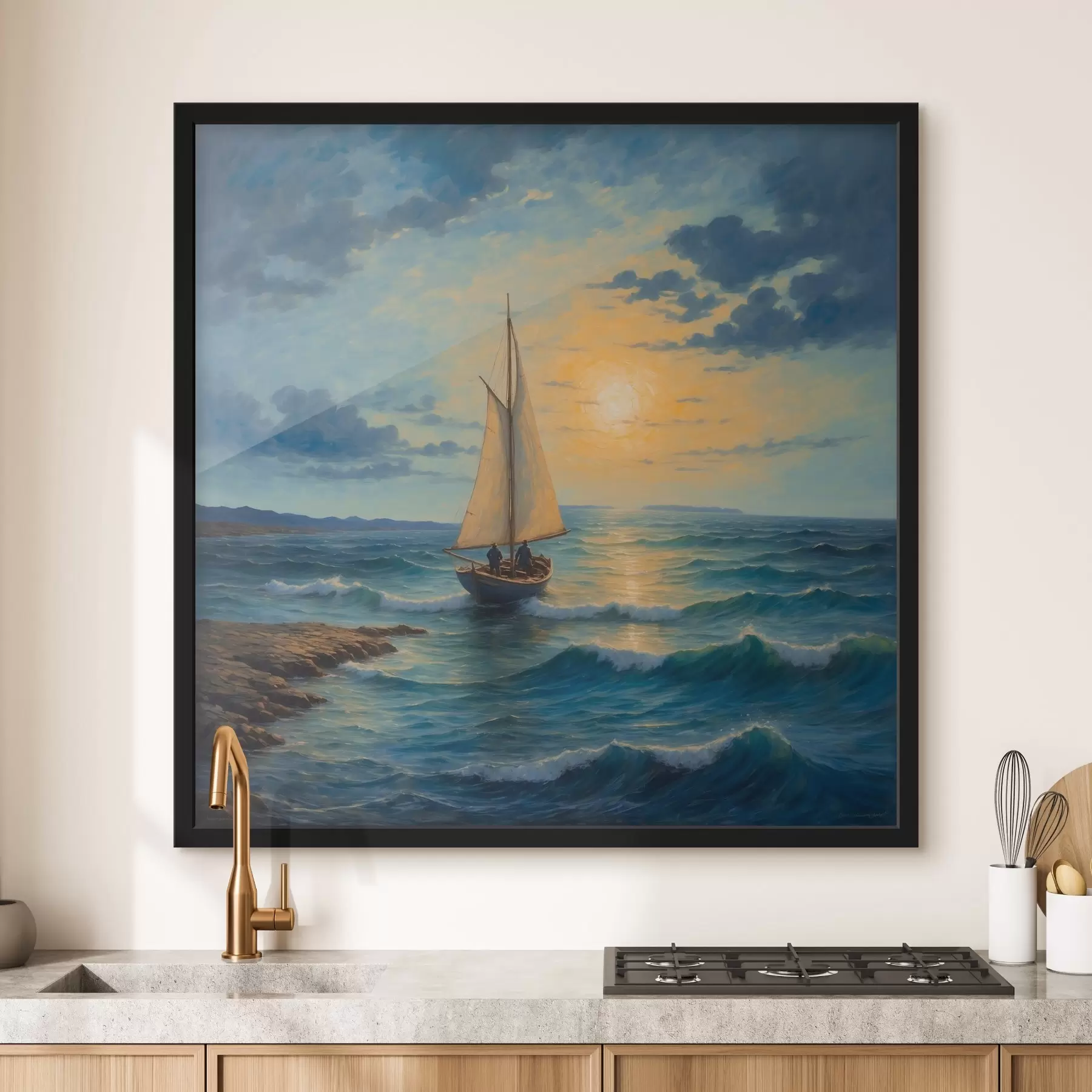 Fototapete Segeln in ein pulsierendes Meer mit Sonnenuntergang f38664