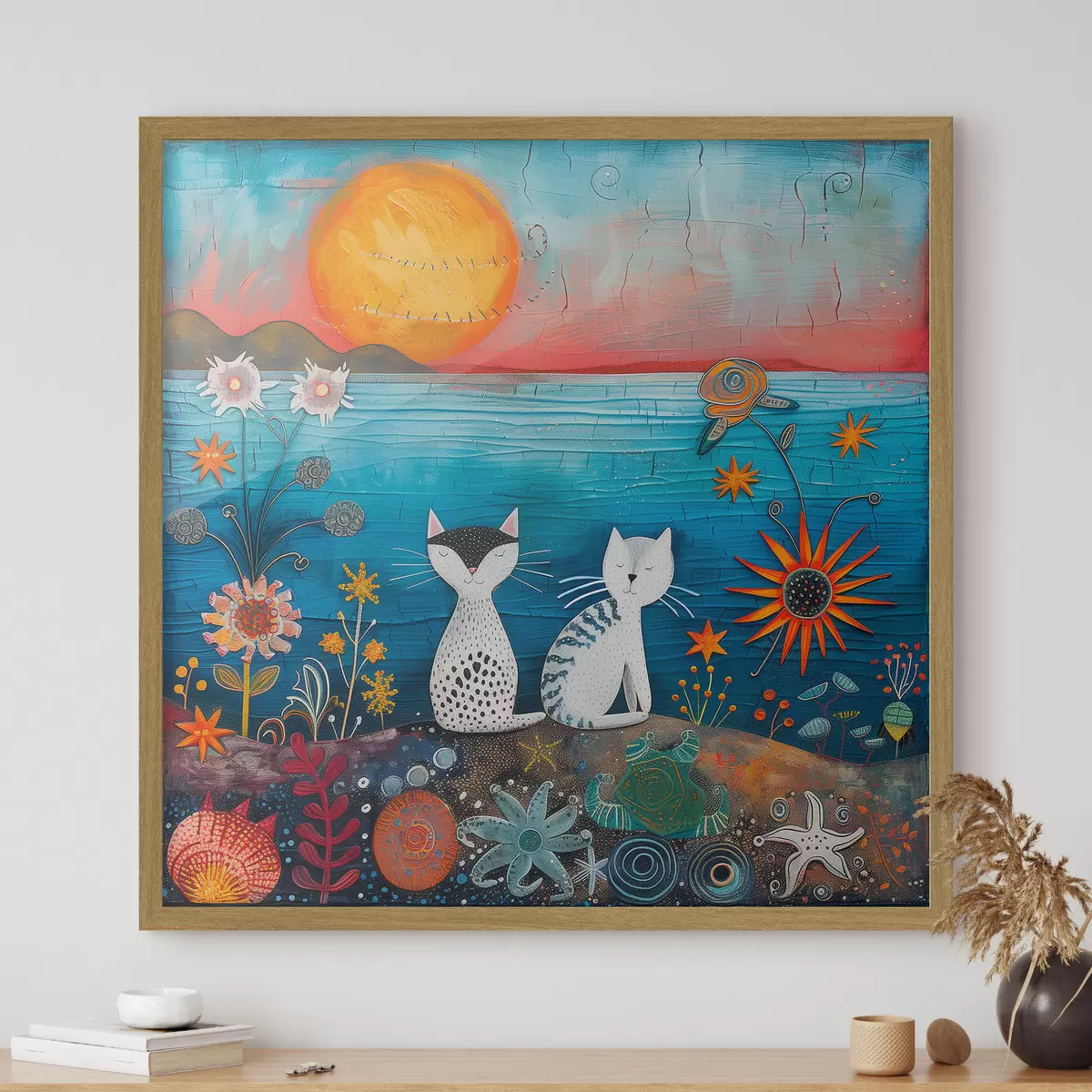 Poster Verspielte Katzen am pulsierenden Meer f39085
