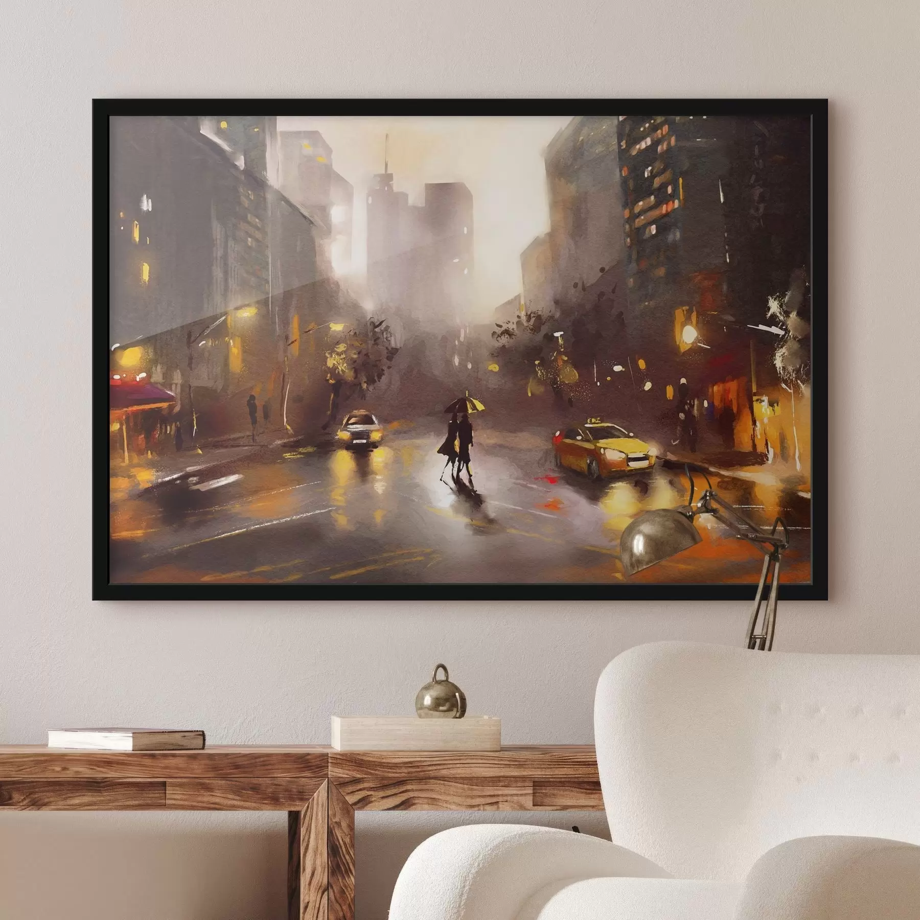 Fototapete Person mit Regenschirm geht auf nasser Straße mit Autos und Gebäuden f36600