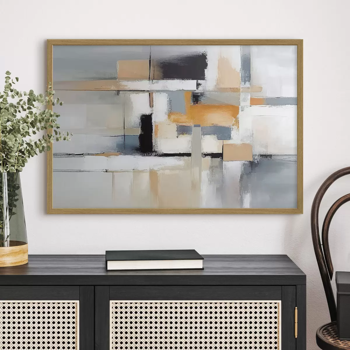 Poster Beige und grau abstrakt mit orange und weiß gewebt f36624