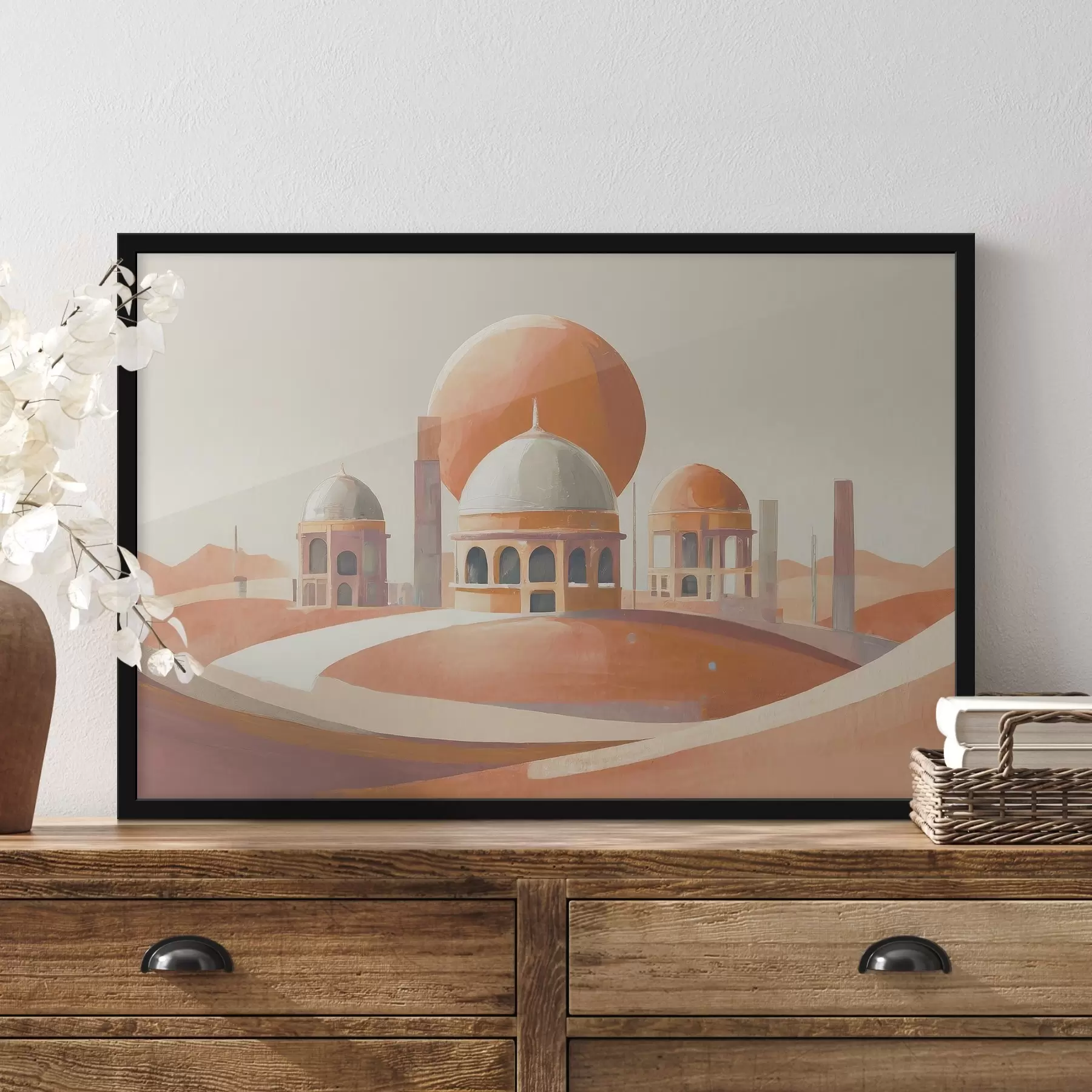 Fototapete Wüstenlandschaft mit Gebäuden und einem großen orangefarbenen Ball f37812