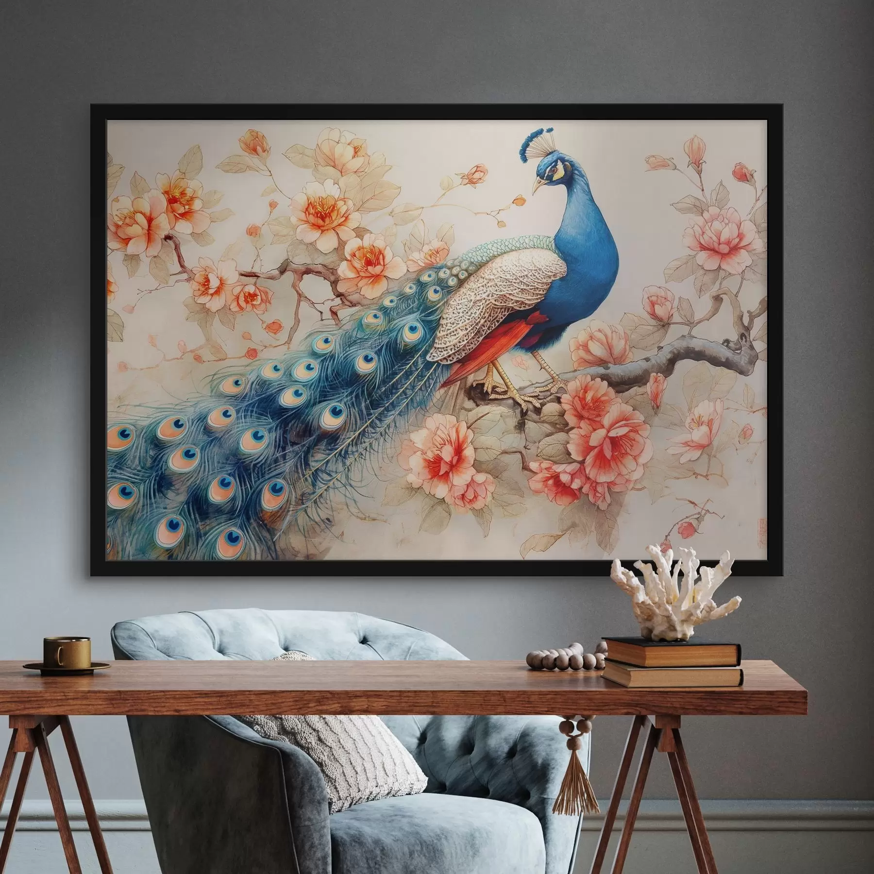 Fototapete Bild mit Pfau auf einem Zweig mit Blumen f38451