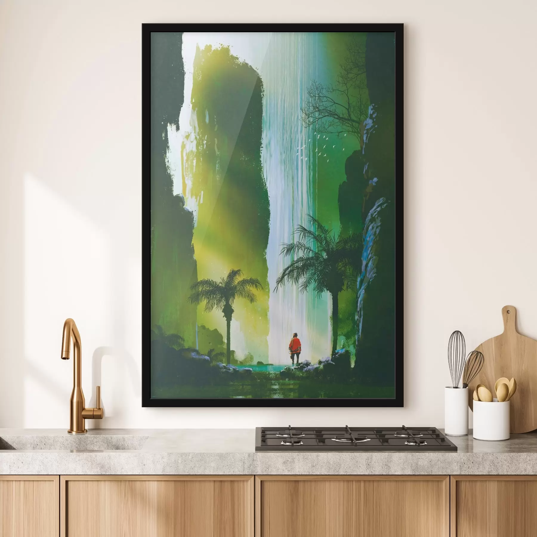 Fototapete Ein Mann spaziert durch den Wald mit einem Wasserfall f37080
