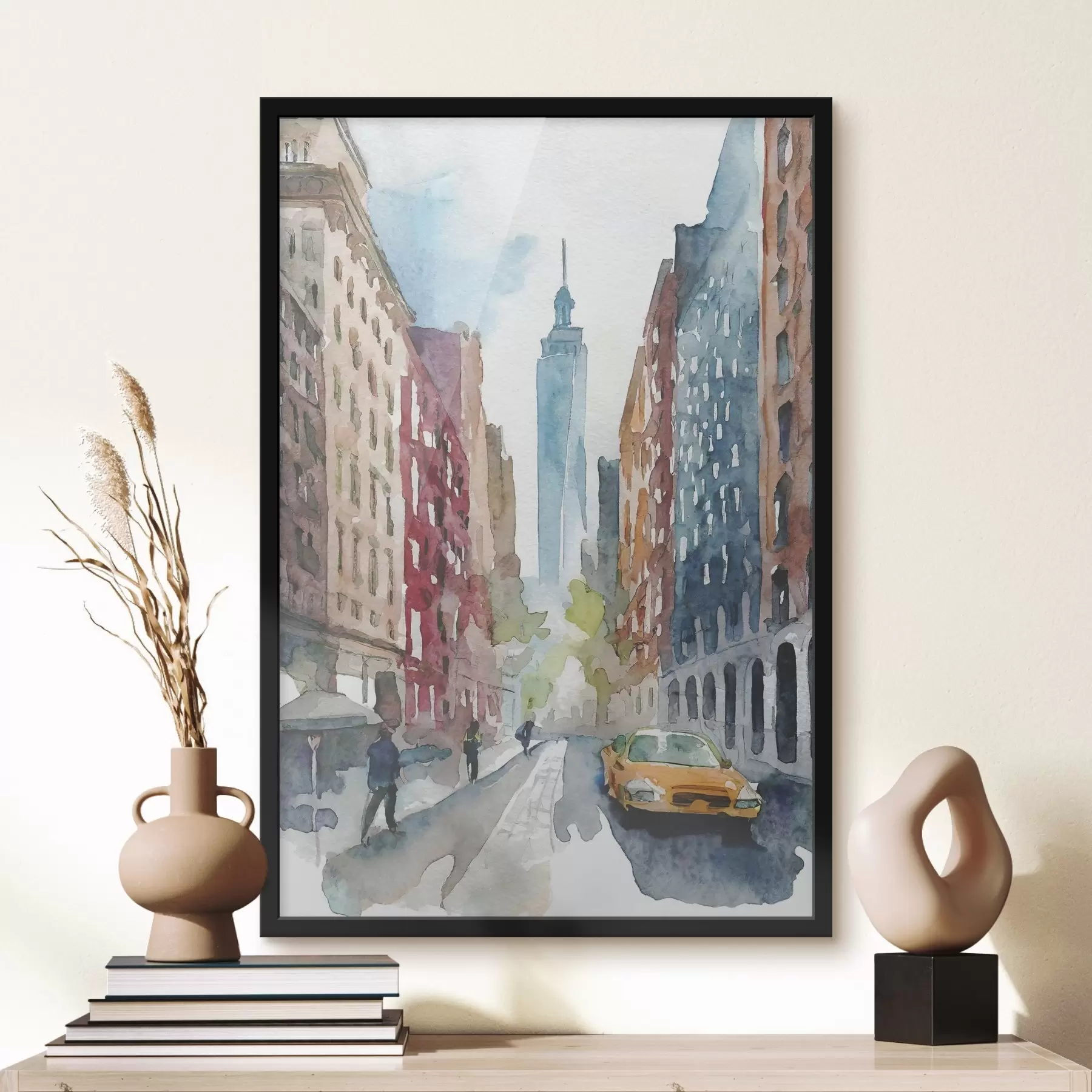 Fototapete Ein Aquarell, das eine Straße mit Gebäuden und einem hohen Turm im Hintergrund zeigt f37346
