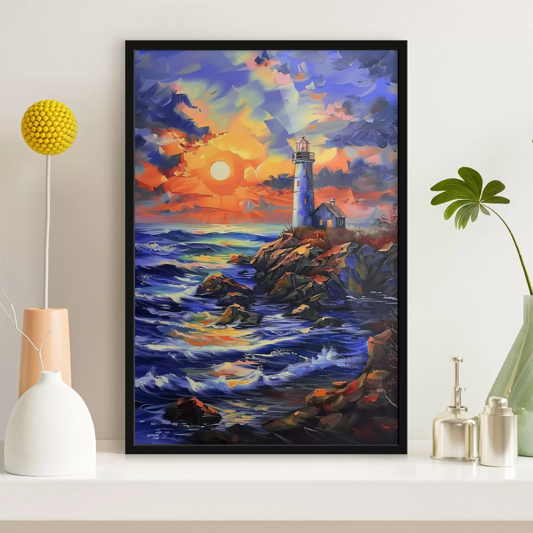 Fototapete Leuchtturm bei Sonnenuntergang am Meer f38150