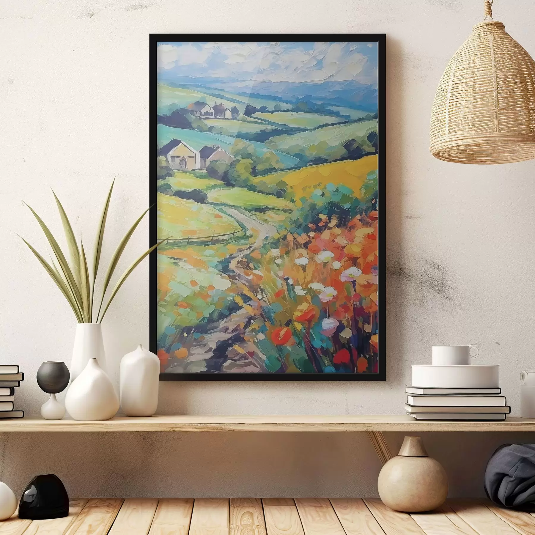 Fototapete Ein Gemälde, das eine Landschaft mit Häusern und Feldern darstellt f38501