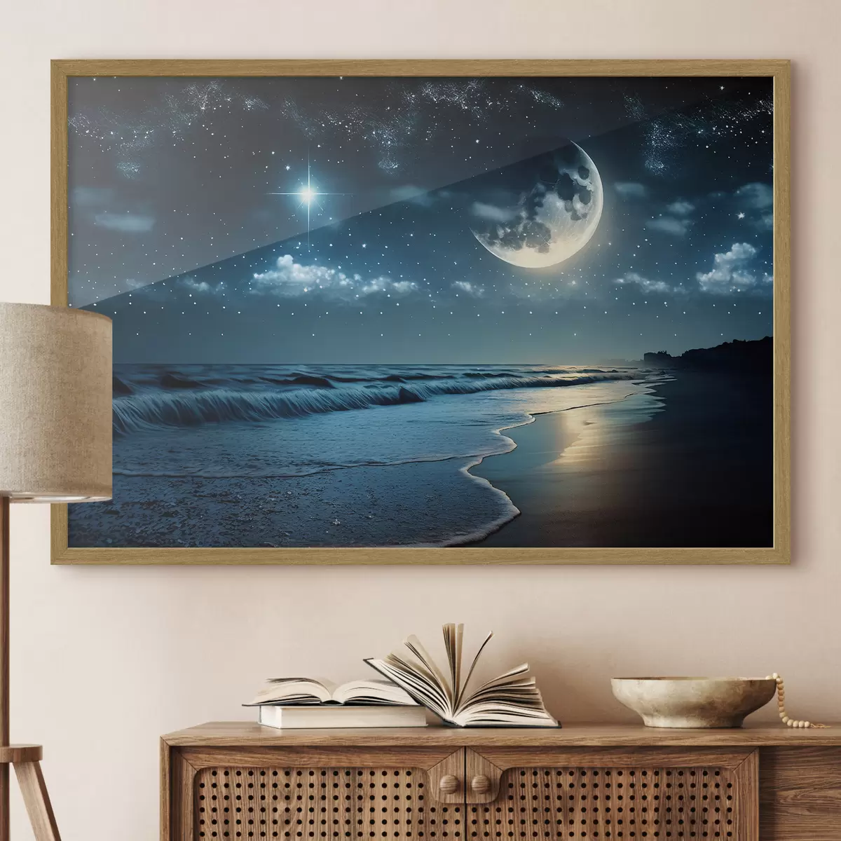 Poster Großer Mond über dem nächtlichen Meer f31111