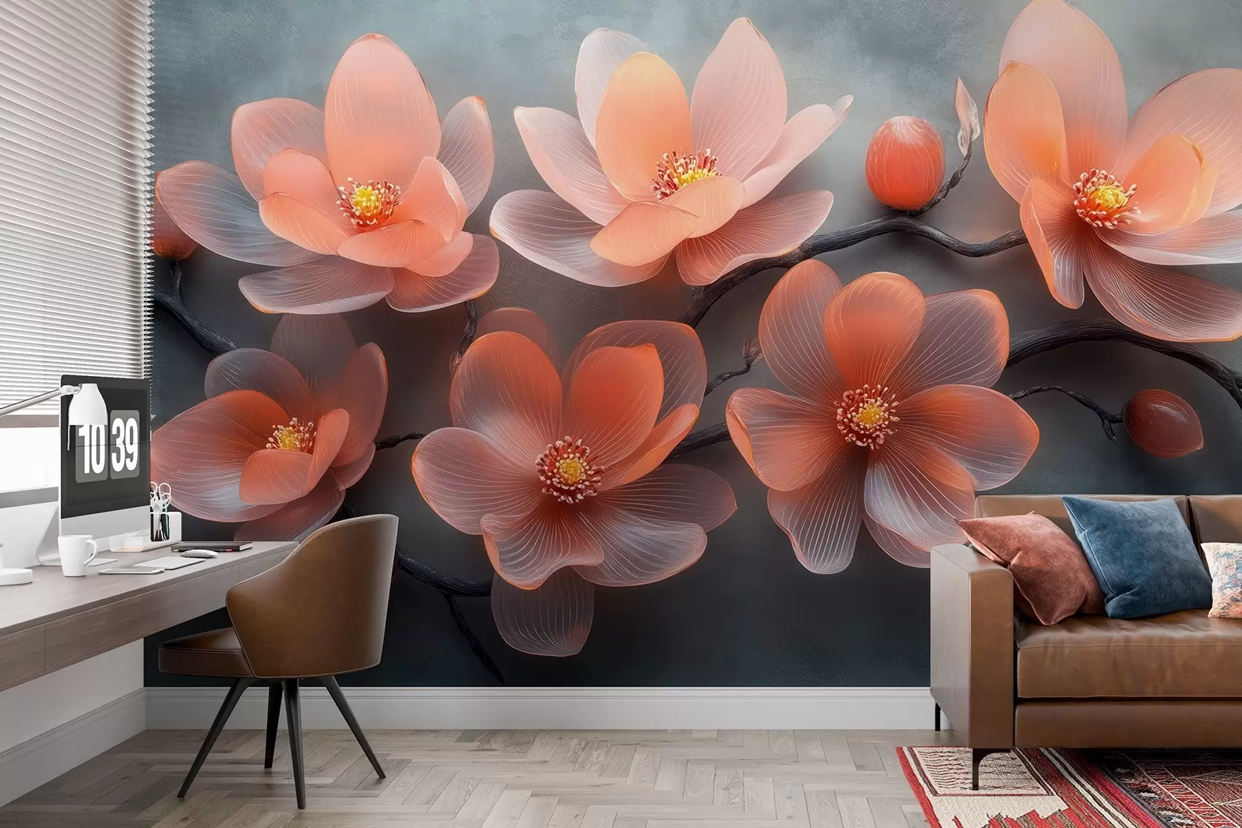 Fototapete Ein Strauß durchsichtiger Magnolienblüten aus Glas auf einem grauen Betonhintergrund w08497