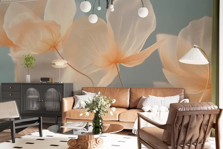 Fototapete Lotusblüten, eine zarte Komposition mit blauem Hintergrund w08500