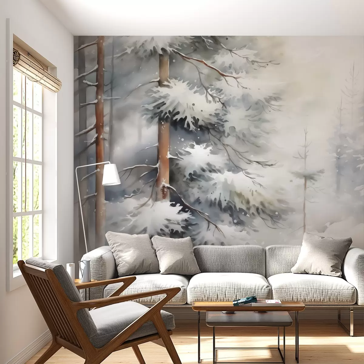 Fototapete Verschneiter Wald Nachahmung von Aquarell w02591