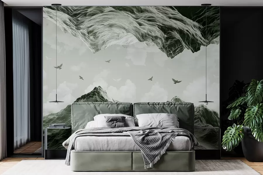 Fototapete Berge Landschaft, Realismus, fliegende Vögel, Natur, Wolken, grüne Farben w02514v3
