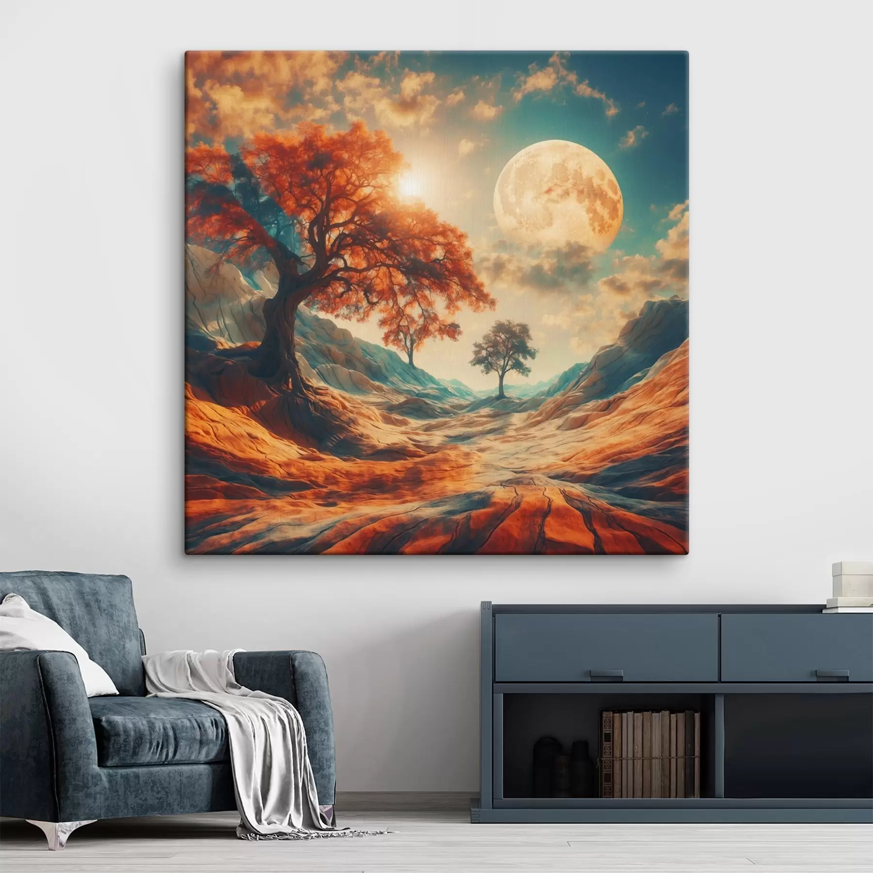 Fototapete Bäume und Berge auf riesigem Mondhintergrund s41774