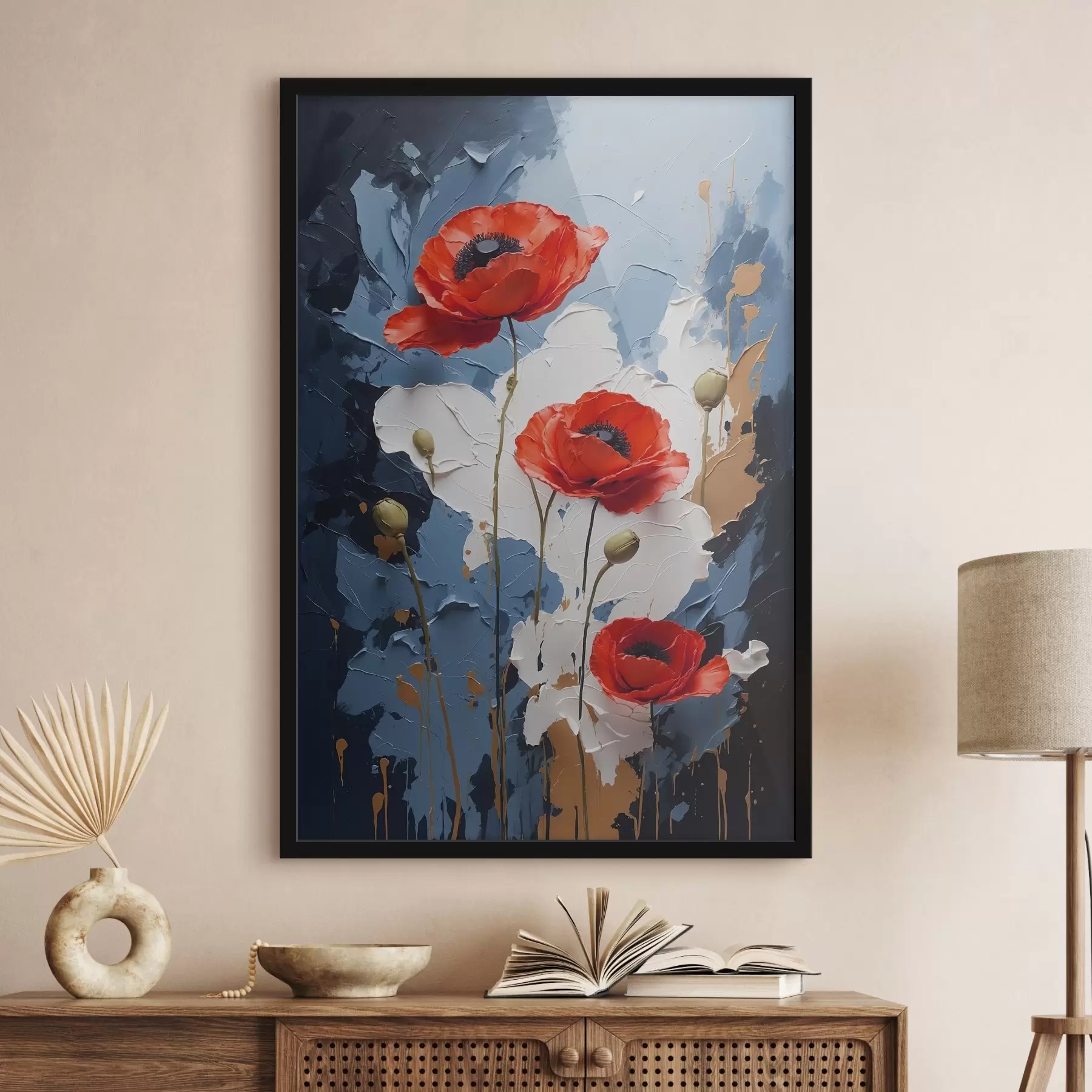 Fototapete Mohnblumen auf abstraktem mehrfarbigem Hintergrund im Stil der Ölmalerei f41765